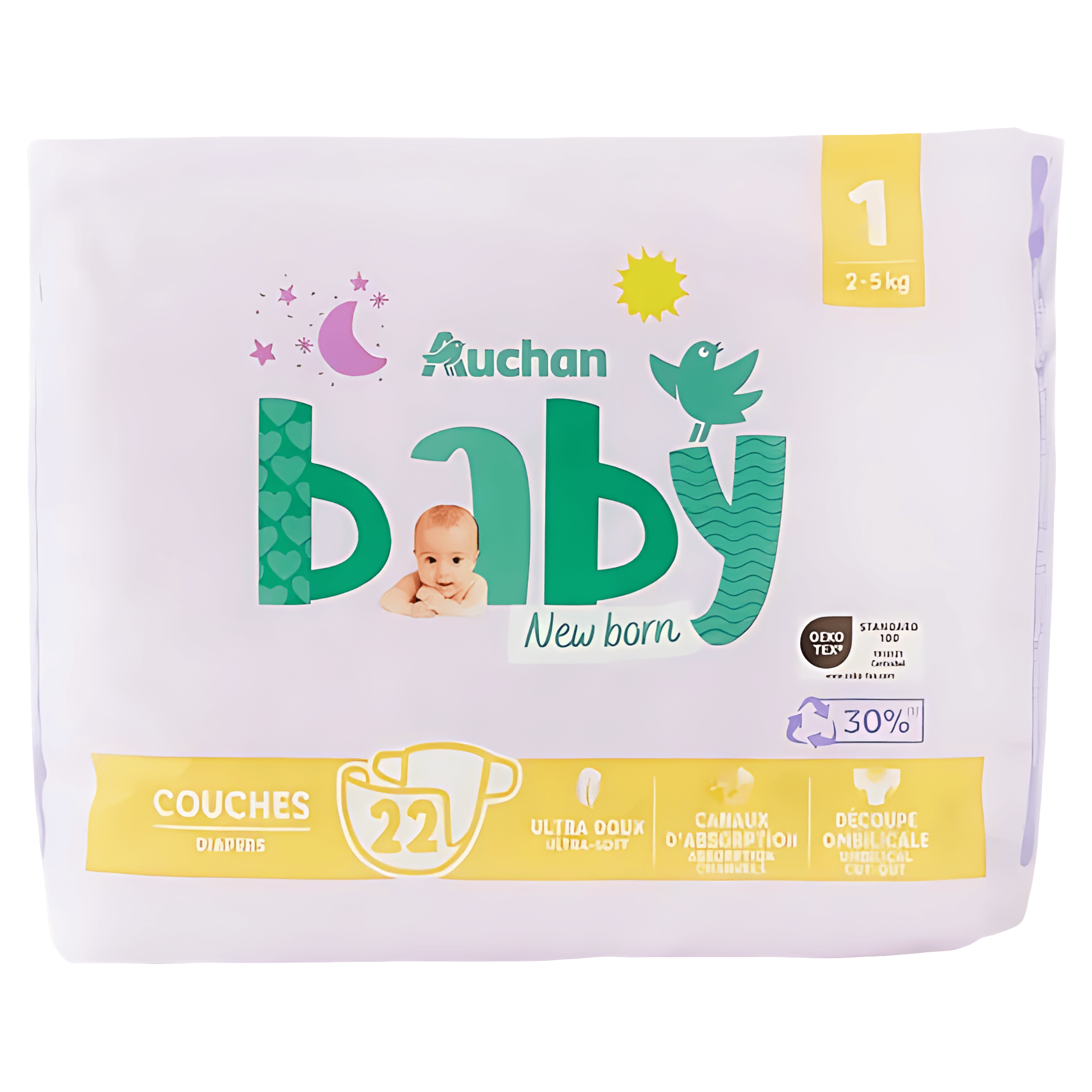 Scutece Auchan Baby, marimea 1, 2 - 5 kg, 22 bucati