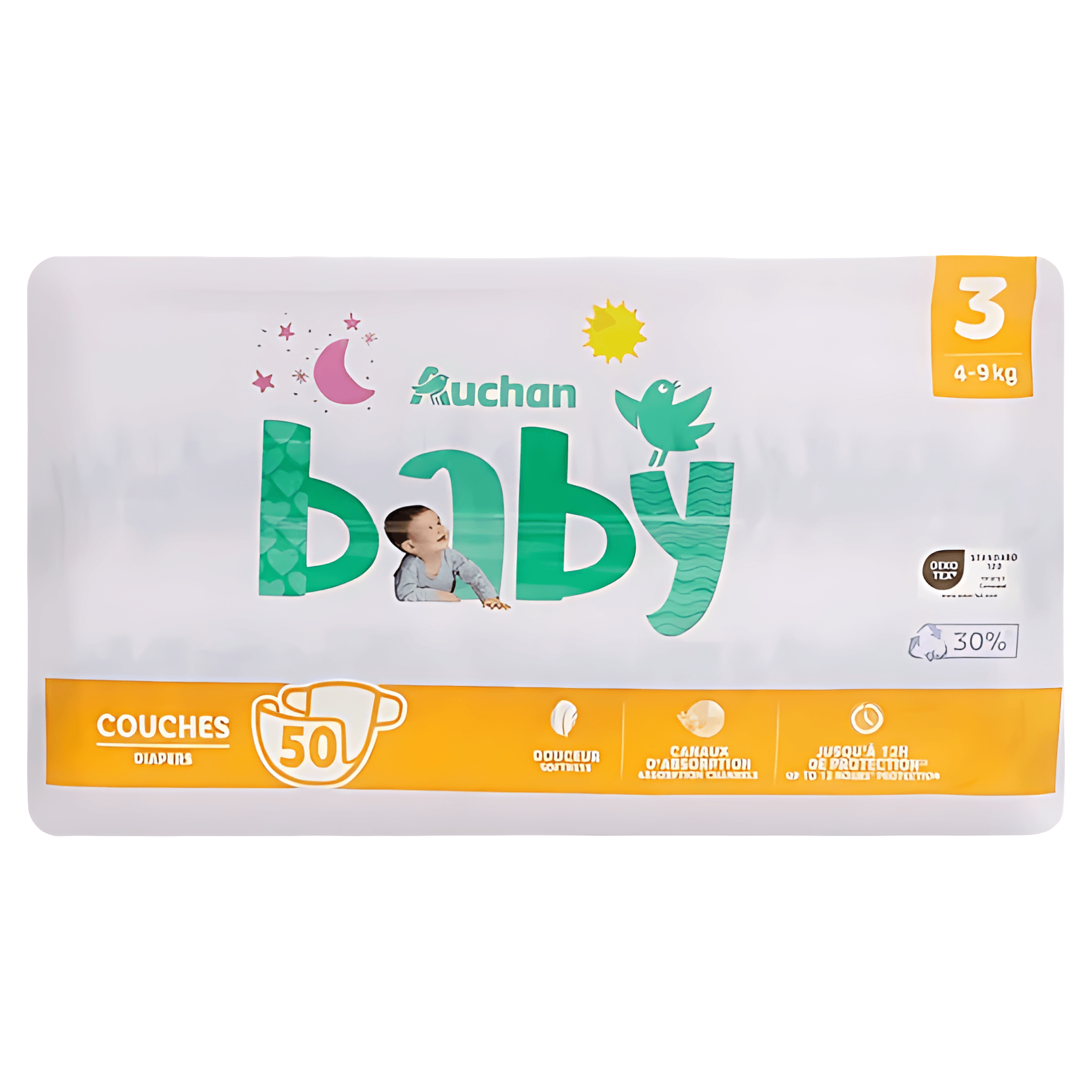 Scutece Auchan Baby, marimea 3, 4 - 9 kg, 50 bucati