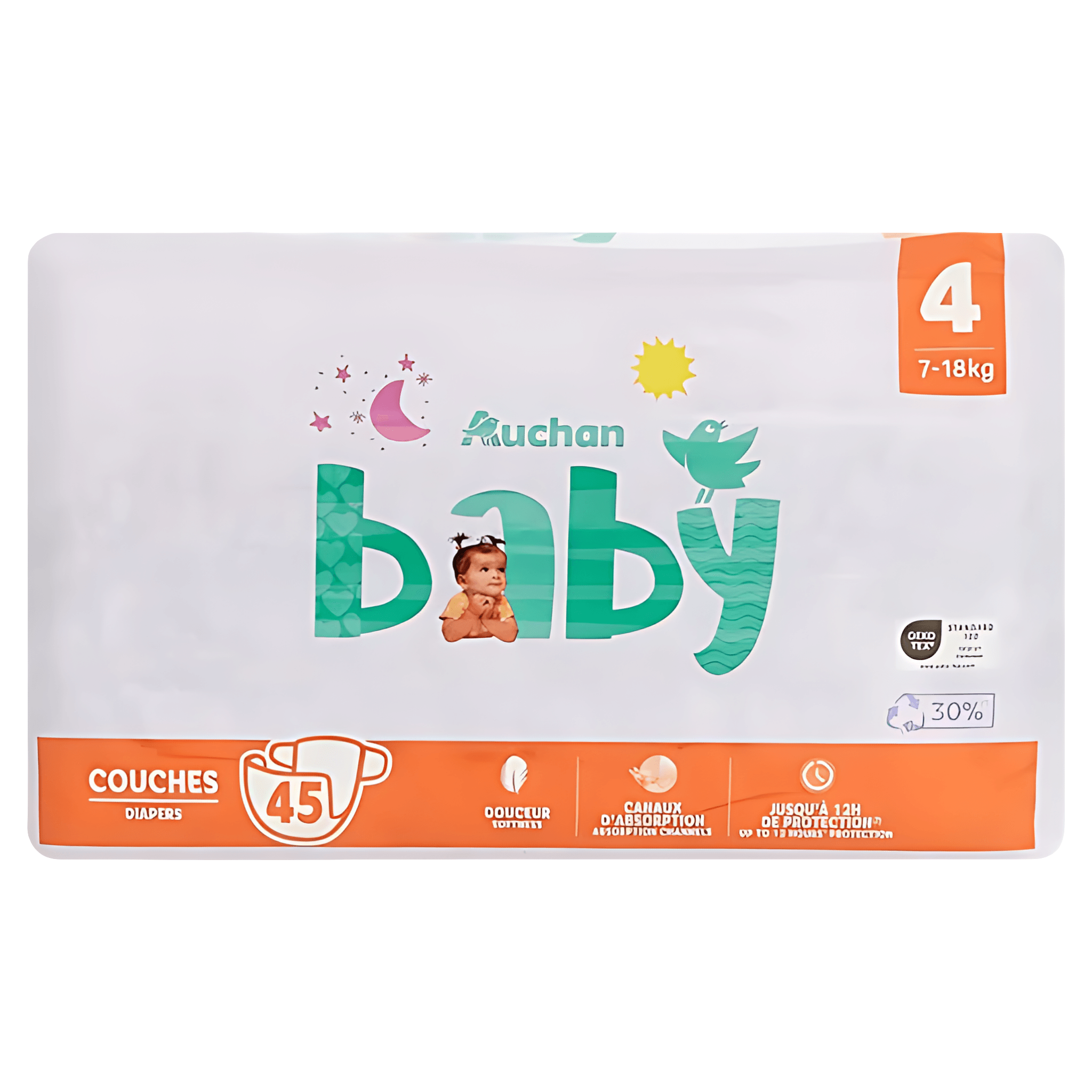 Scutece Auchan Baby, marimea 4, 7 - 18 kg, 45 bucati
