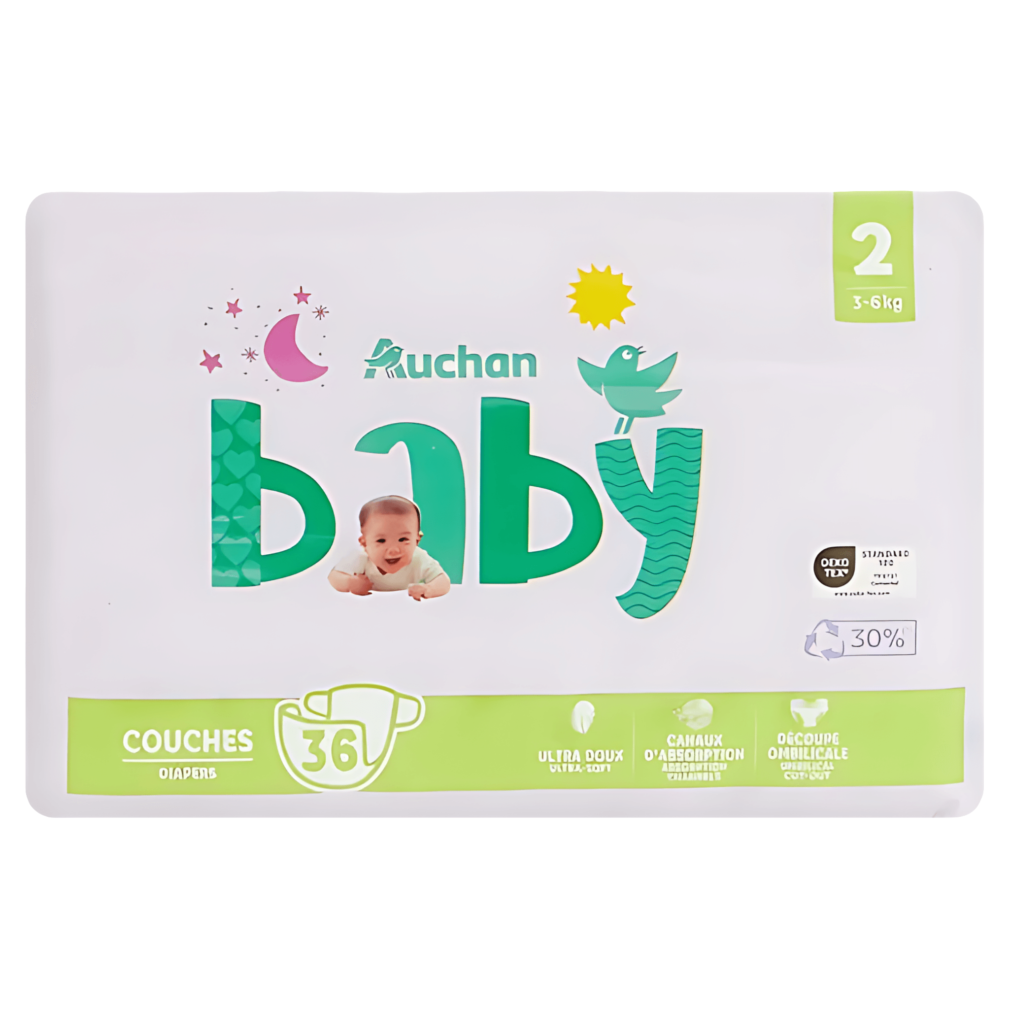 Scutece Auchan Baby, marimea 2, 3 - 6 kg, 36 bucati