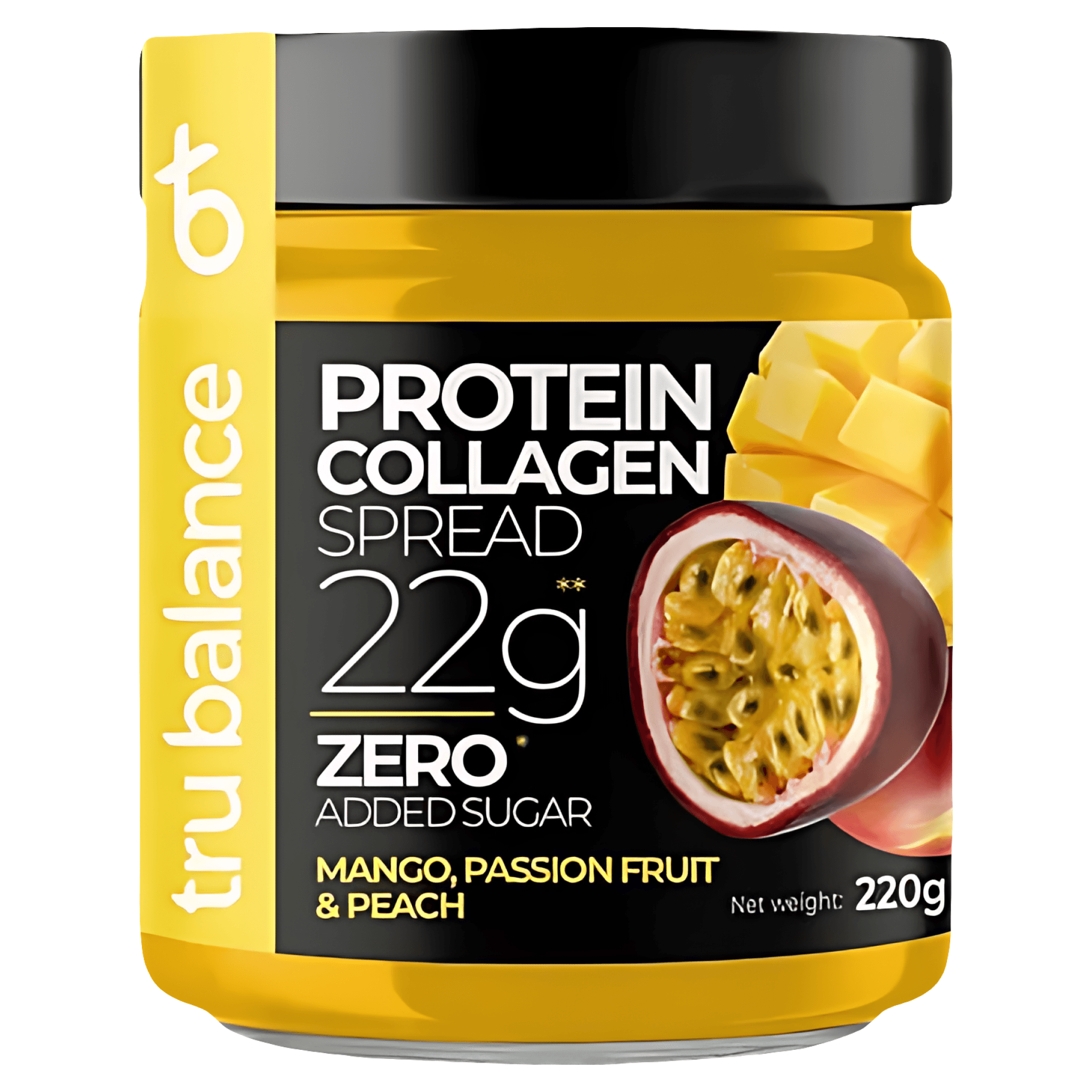 Pasta tartinabila din mango, fructrul pasiunii si piersica, cu proteina si colagen Tru Balance, fara zahar adaugat, 220 g