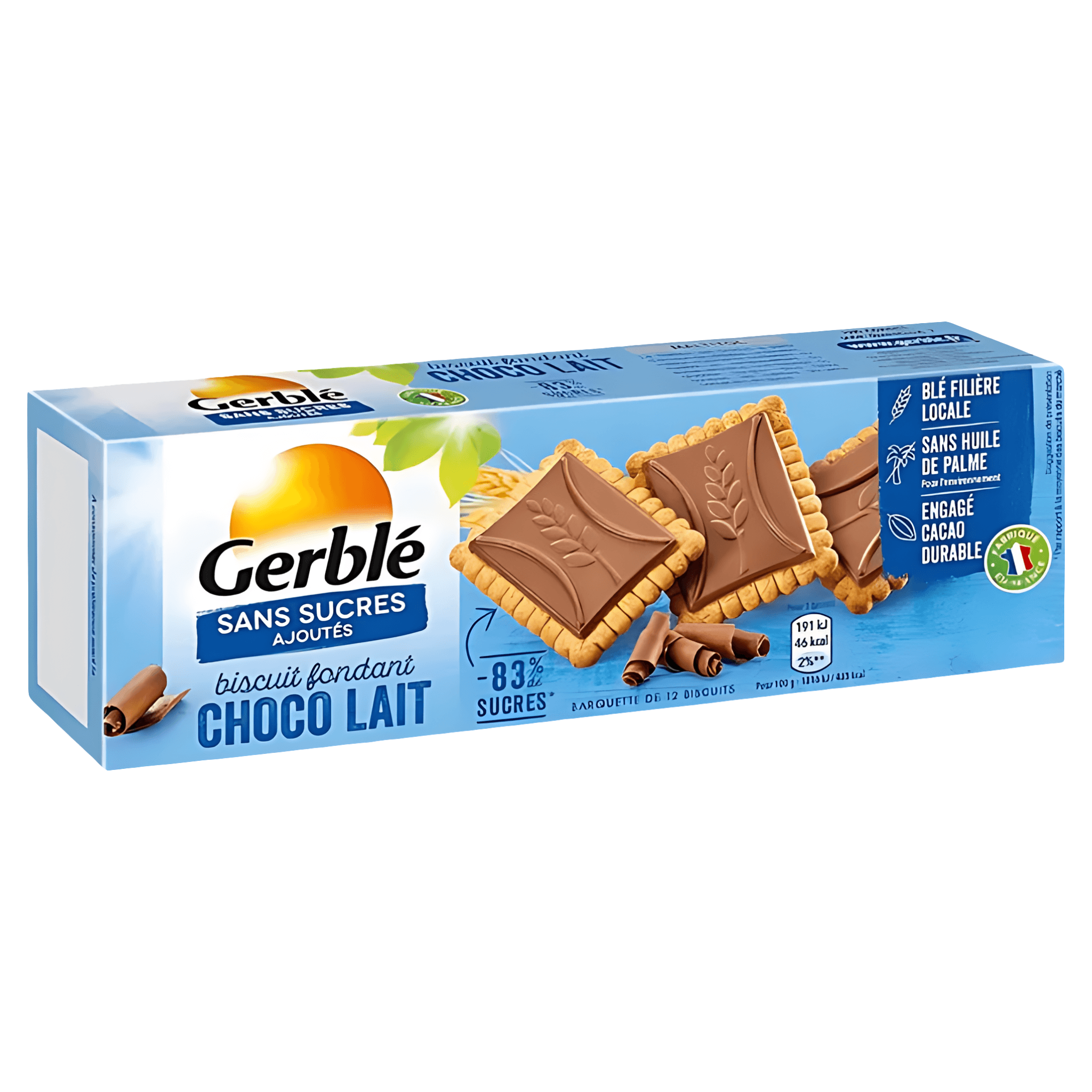 Biscuiti cu tablete de ciocolata cu lapte Gerble, fara zahar adaugat, 126 g