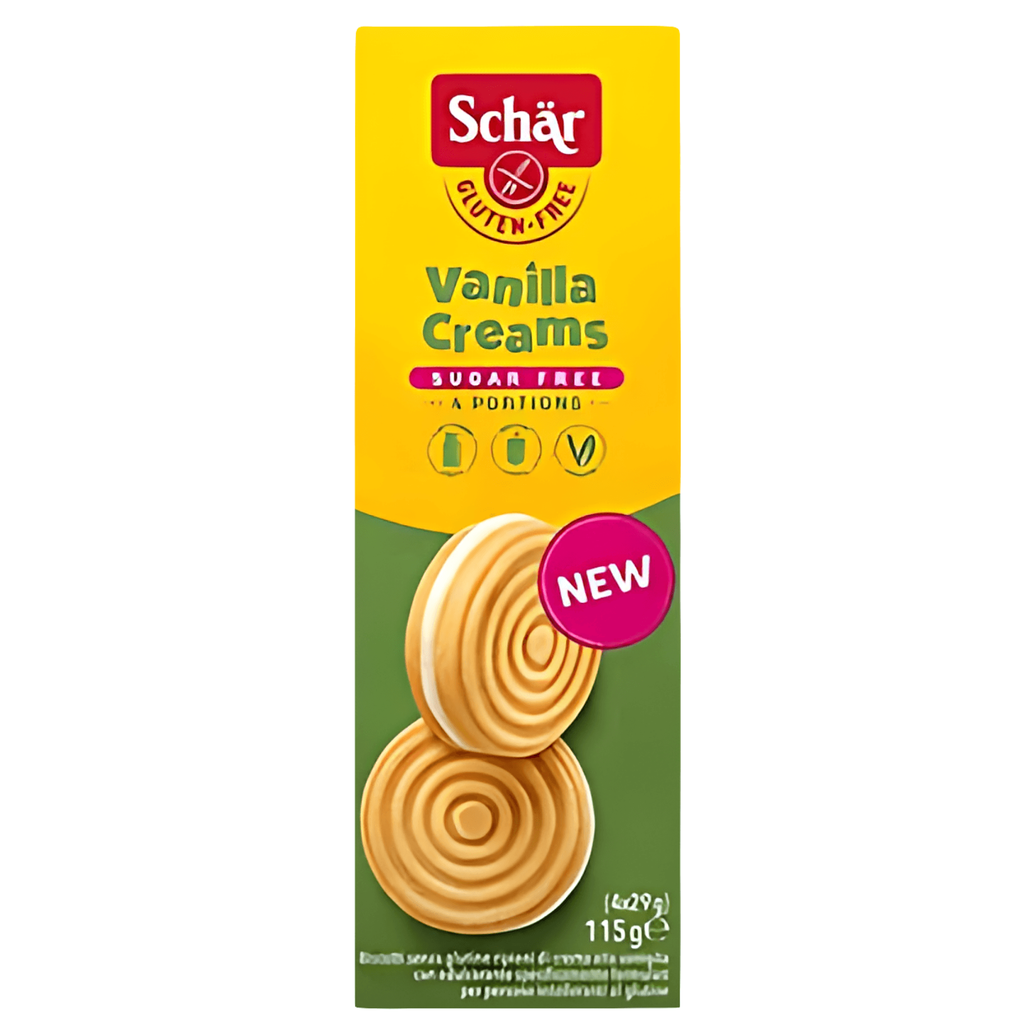 Biscuiti fara gluten cu umplutura de crema de vanilie Schar, 115 g