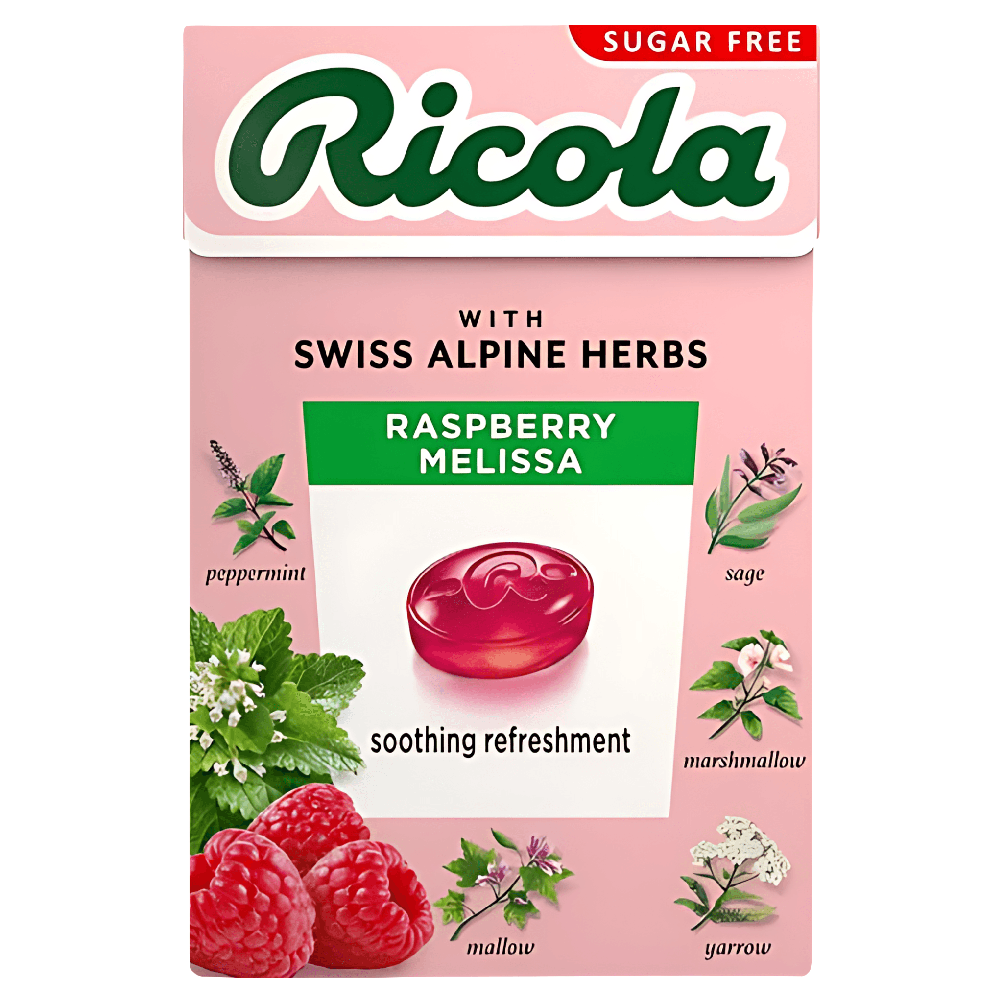 Dropsuri din plante Ricola Raspberry Melissa, fara zahar, 40 g