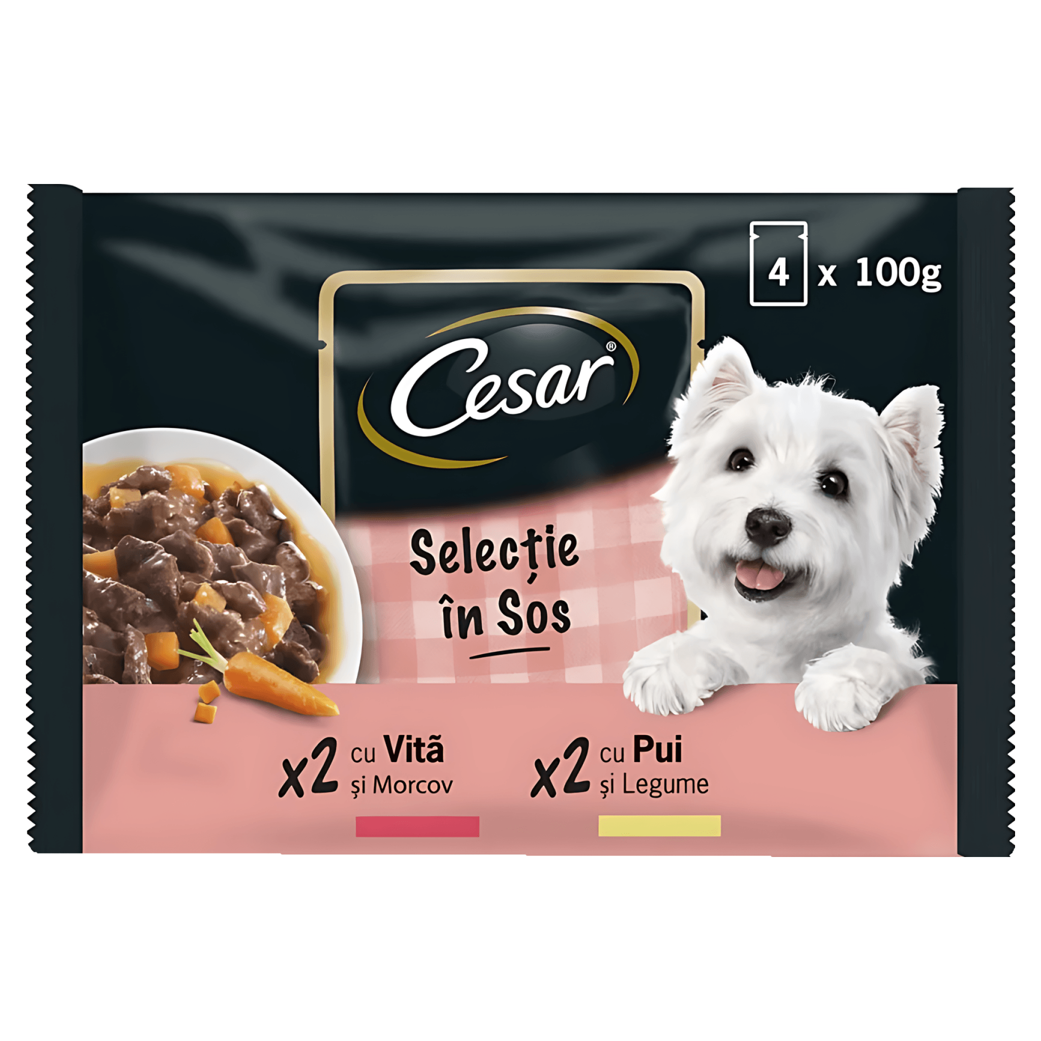 Hrana umeda pentru caini adulti Cesar, selectii de carne in sos, 4 x 100 g