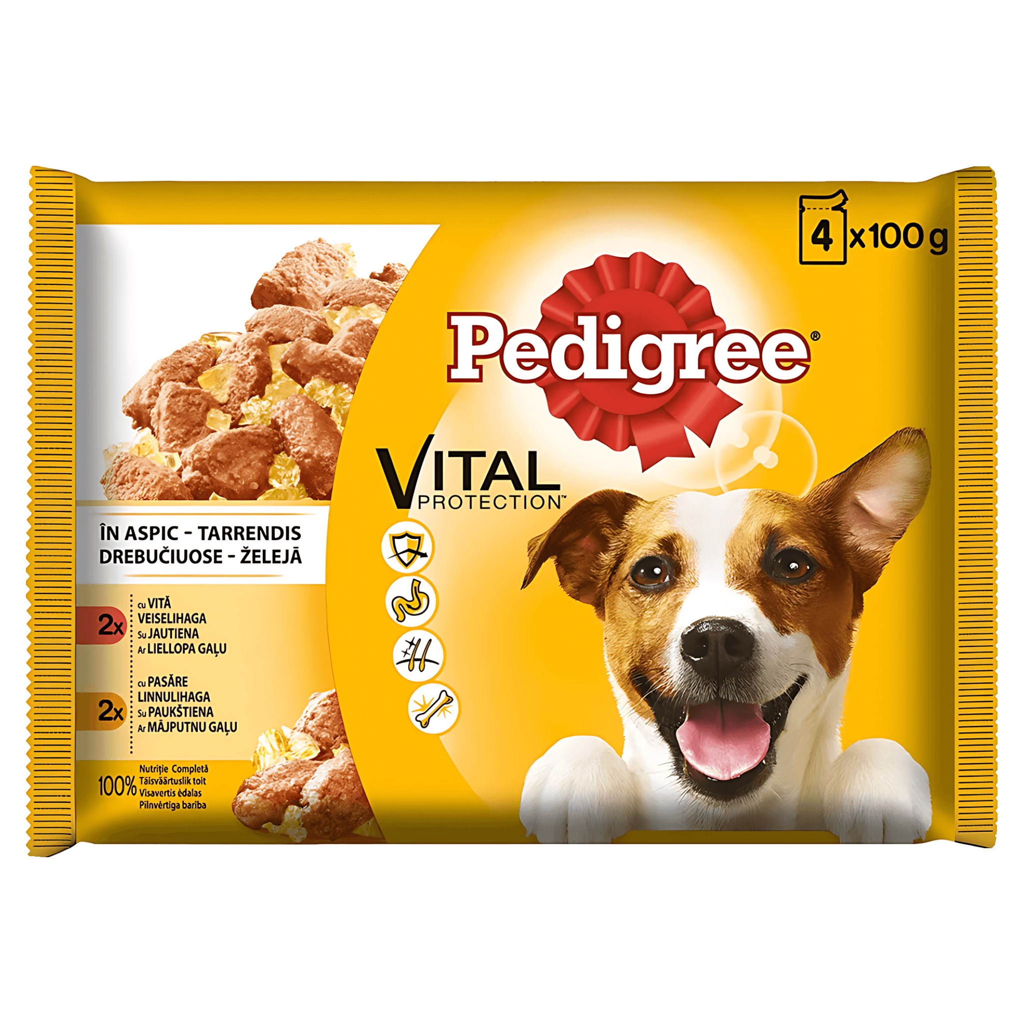 Pachet hrana umeda pentru caini Pedigree Vital Protection cu vita si pasare 4x100g