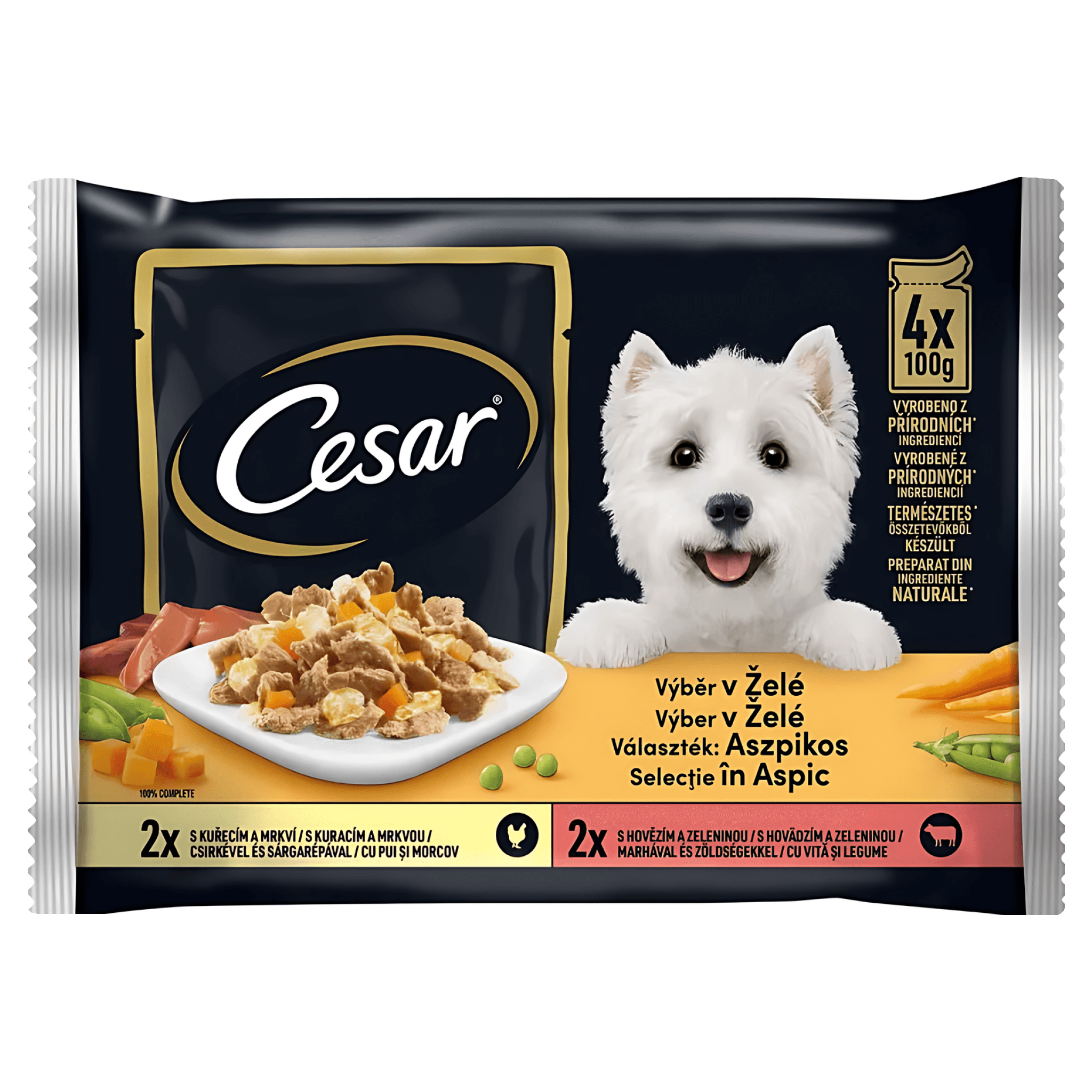 Hrana umeda pentru caini adulti Cesar, selectii de carne si legume in aspic, 4 x 100 g