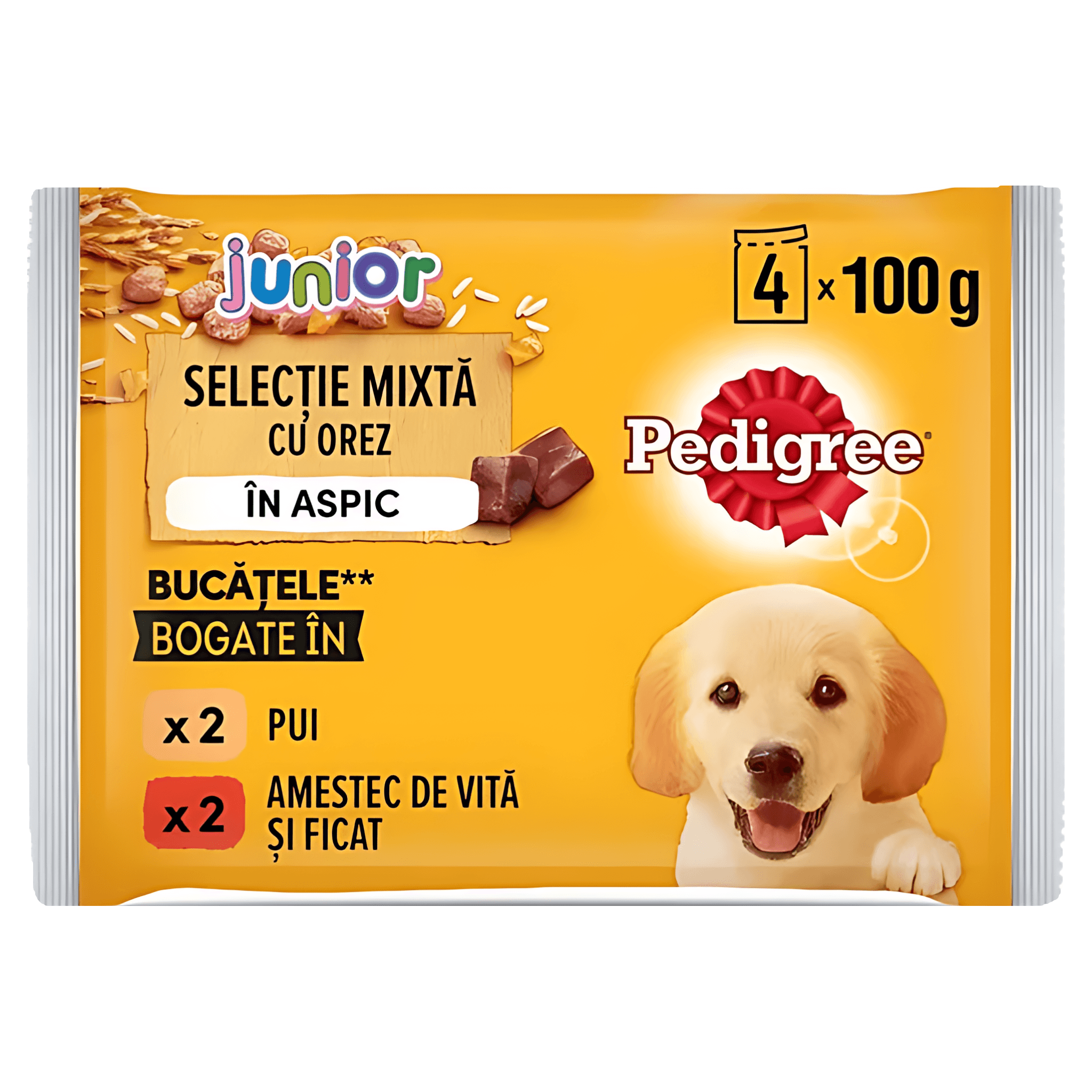 Hrana umeda pentru caini juniori Pedigree, selectie de carne cu orez in aspic, 4 x 100 g