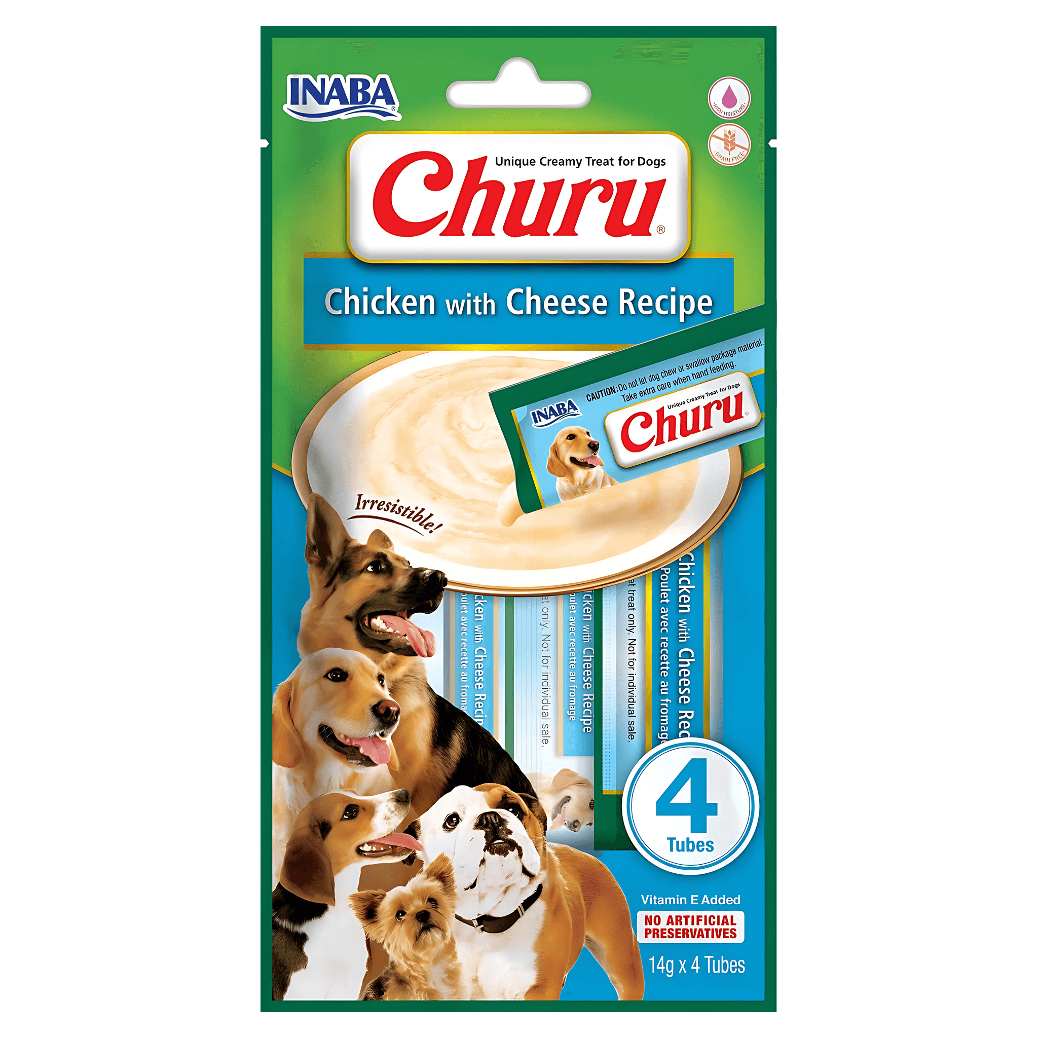 Recompense cremoase pentru caini Inaba Churu, pui si branza, 4 x 14 g