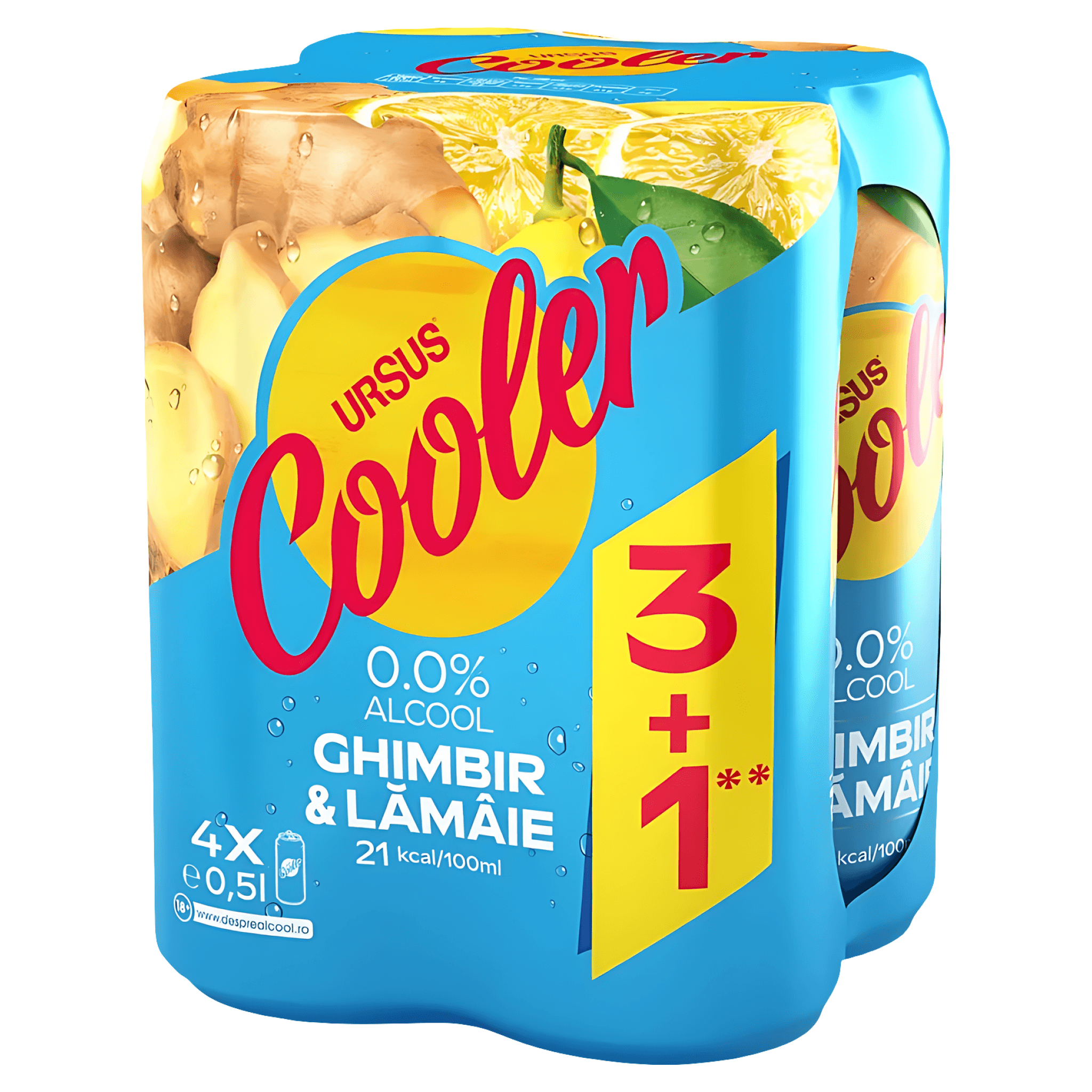 Bere blonda fara alcool cu aroma de ghimbir si lamaie Ursus Cooler, 3+1 x 0.5 l