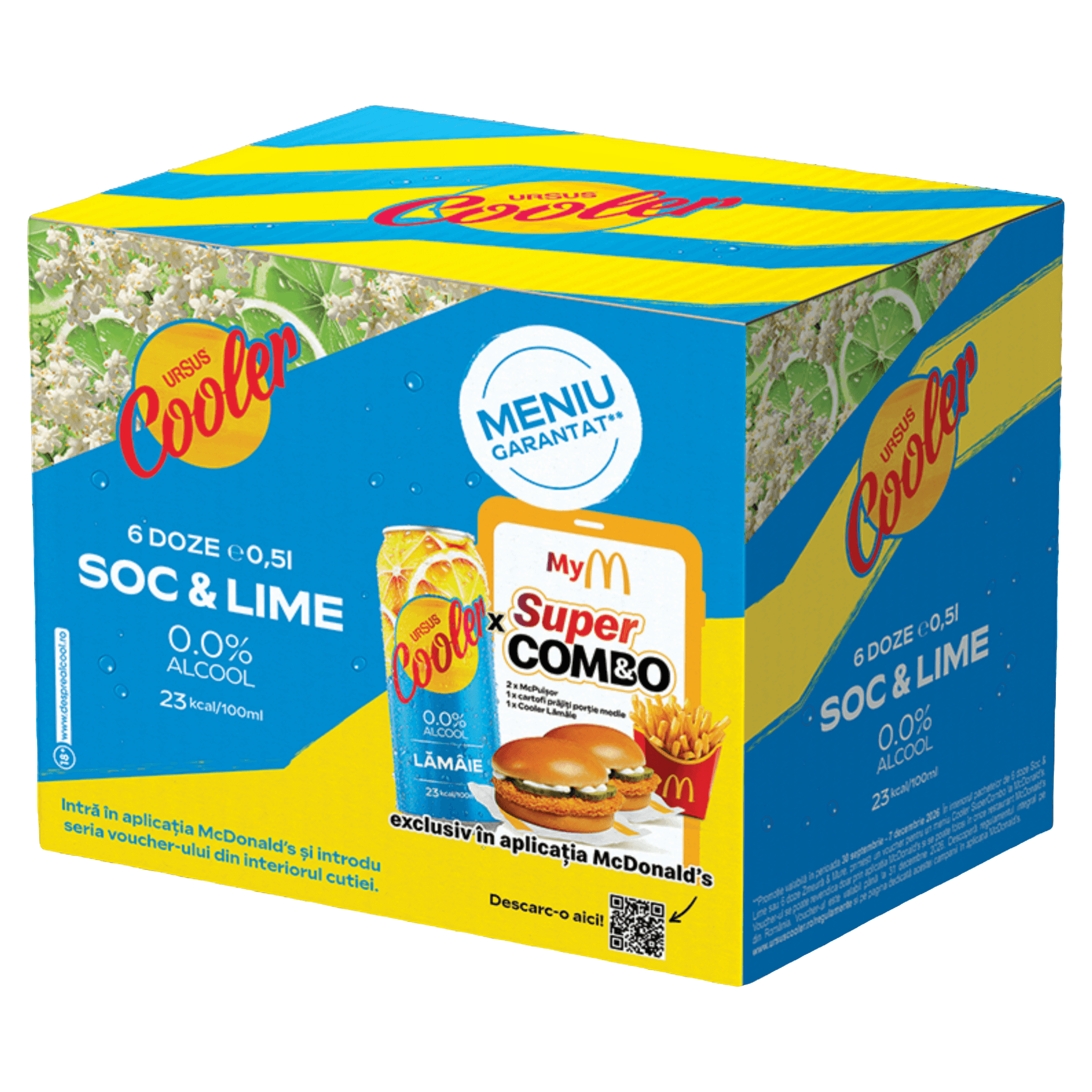 Bere fara alcool cu aroma de soc si lime Ursus Cooler 0% McDonald's, 6 x 0.5 l
