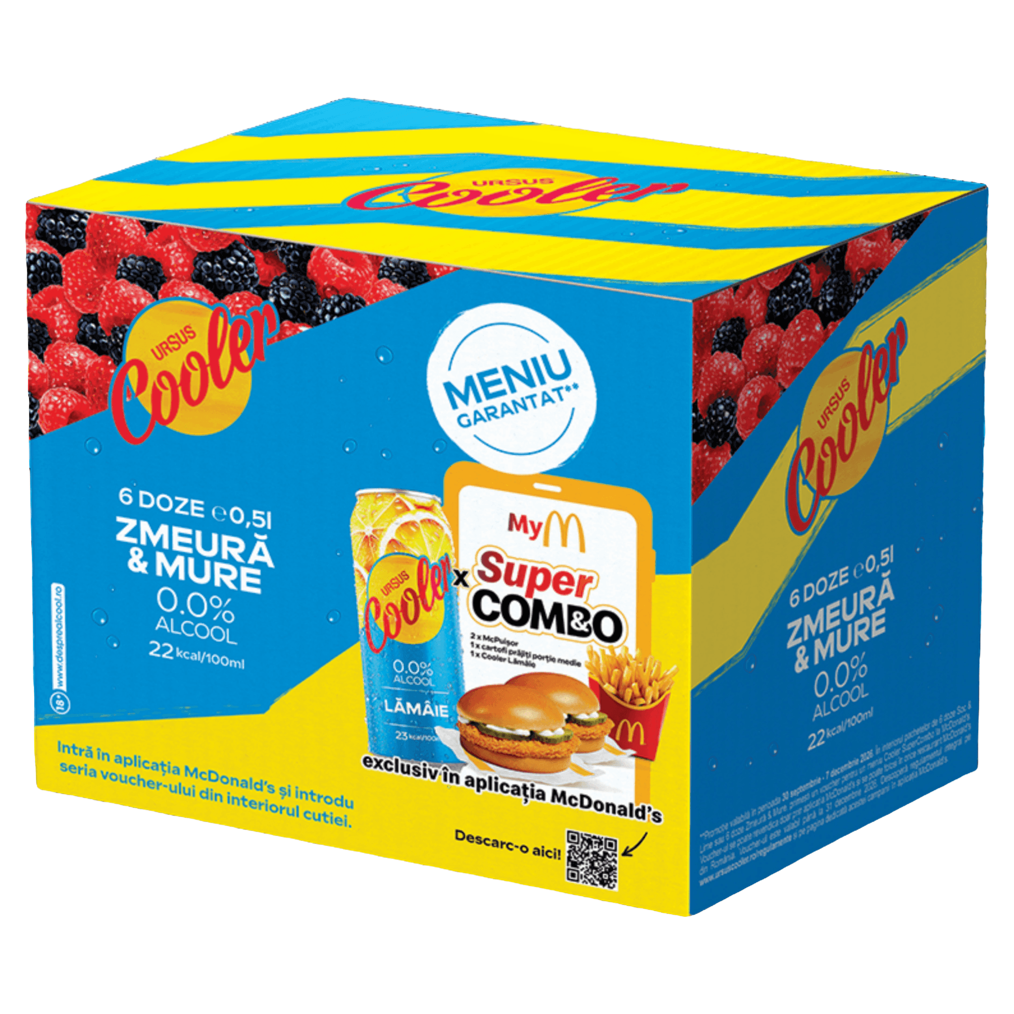 Bere fara alcool cu aroma de zmeura si mure Ursus Cooler 0% McDonald's, 6 x 0.5 l