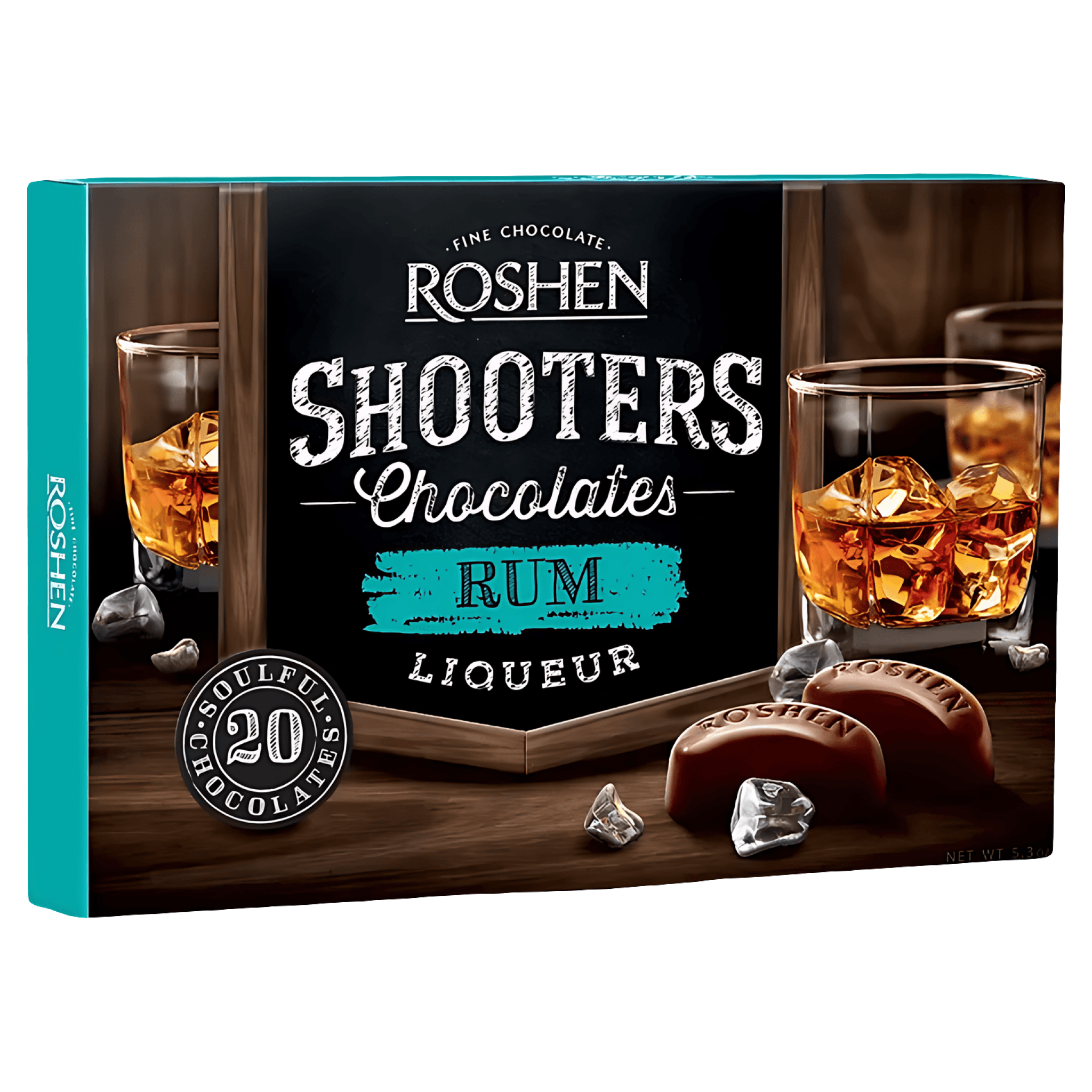 Praline de ciocolata neagra si umplutura cu rom Roshen Shooters, 150 g