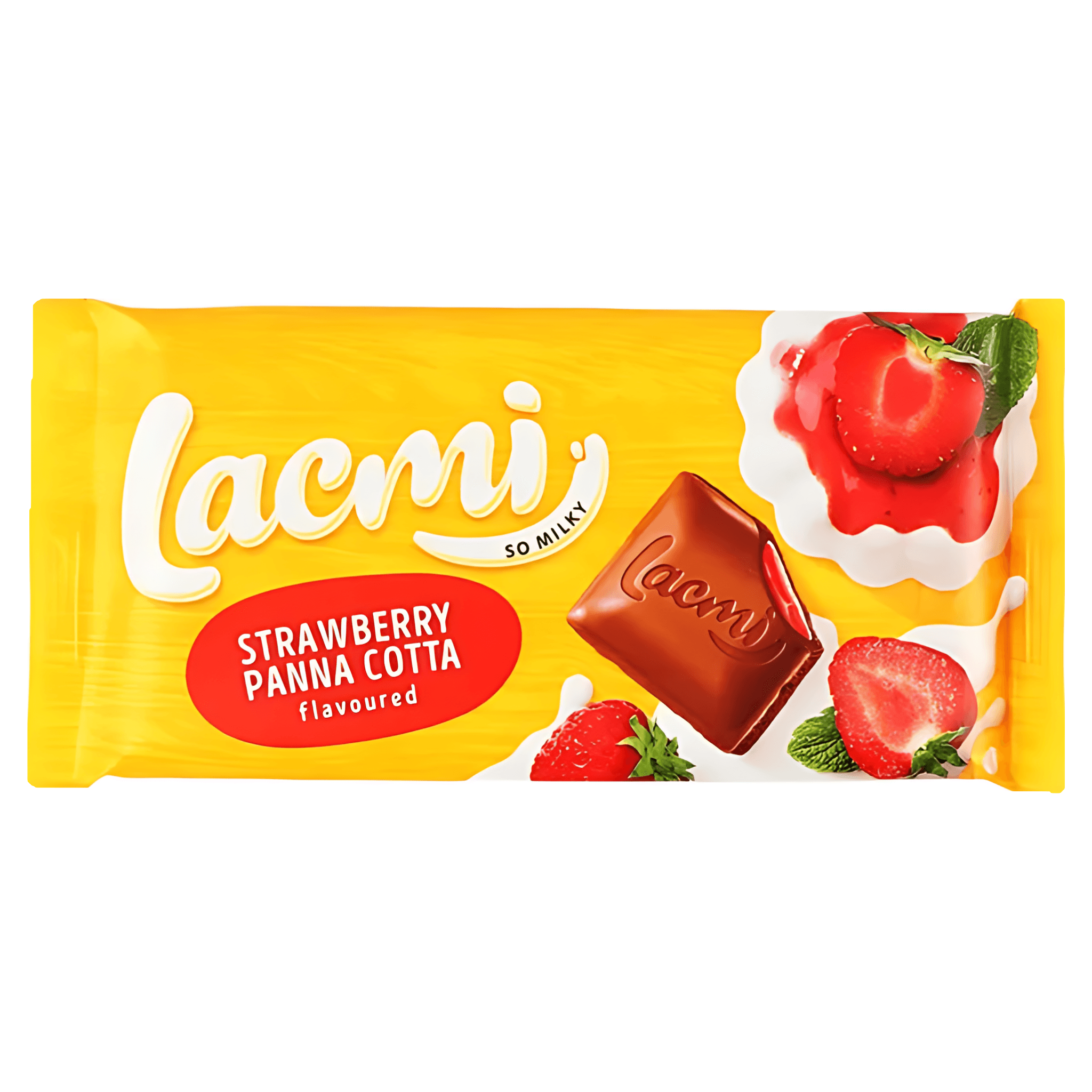 Ciocolata cu lapte si umplutura cu aroma de capsuni si panna cotta Roshen Lacmi, 90 g