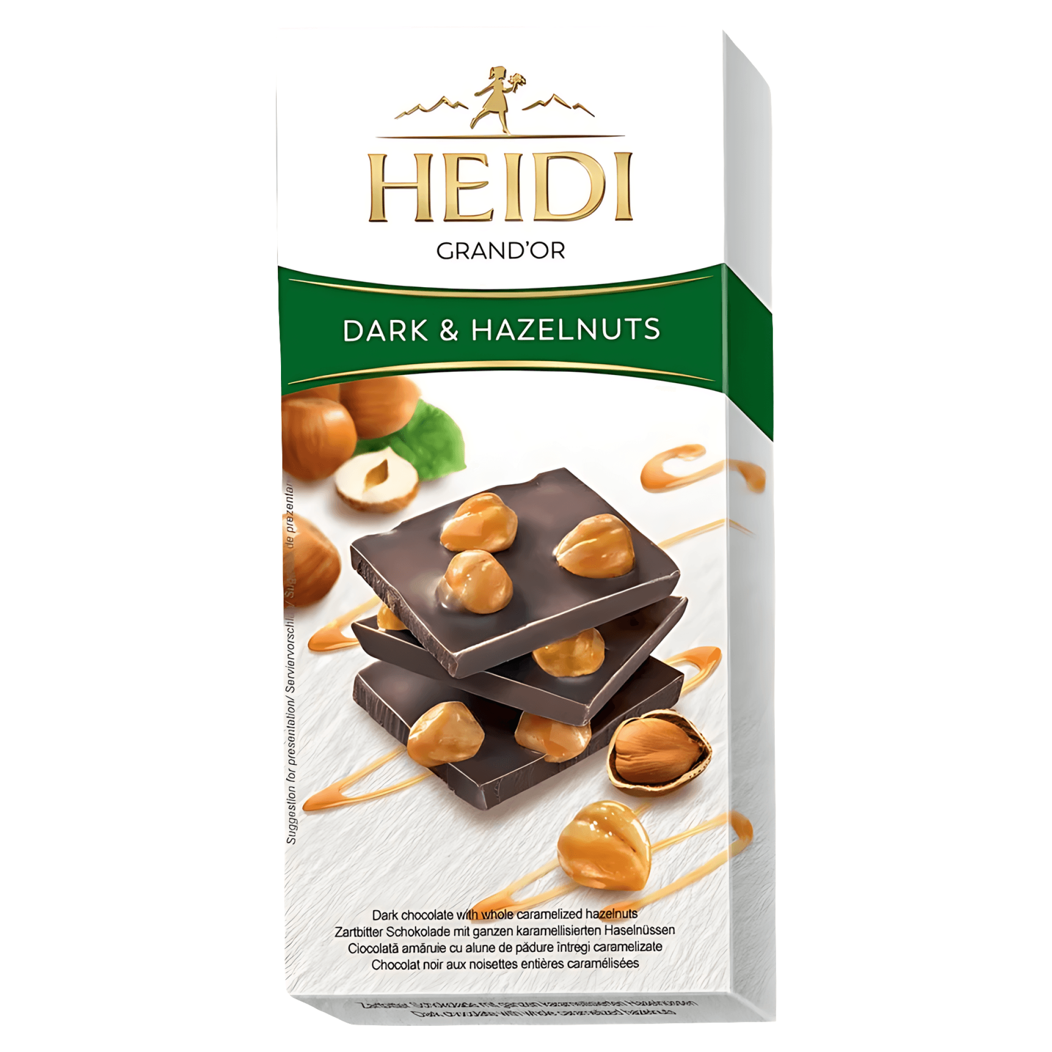 Ciocolata amaruie cu alune de padure intregi caramelizate Heidi, 100 g