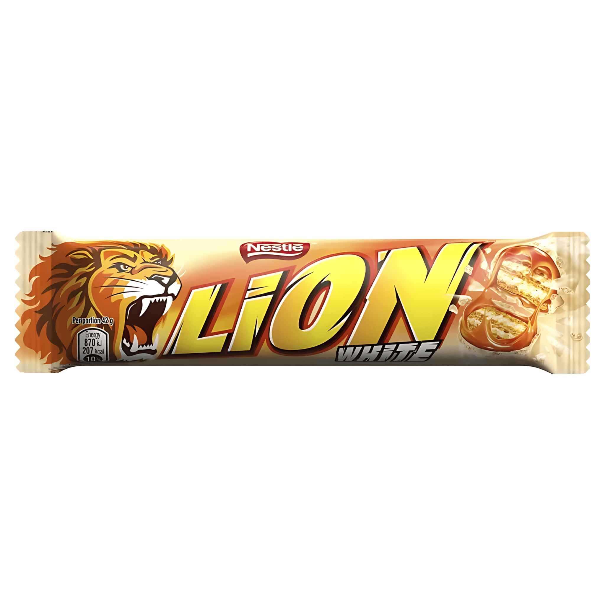 Baton de ciocolata alba cu crema cu caramel si napolitana Lion, 42 g