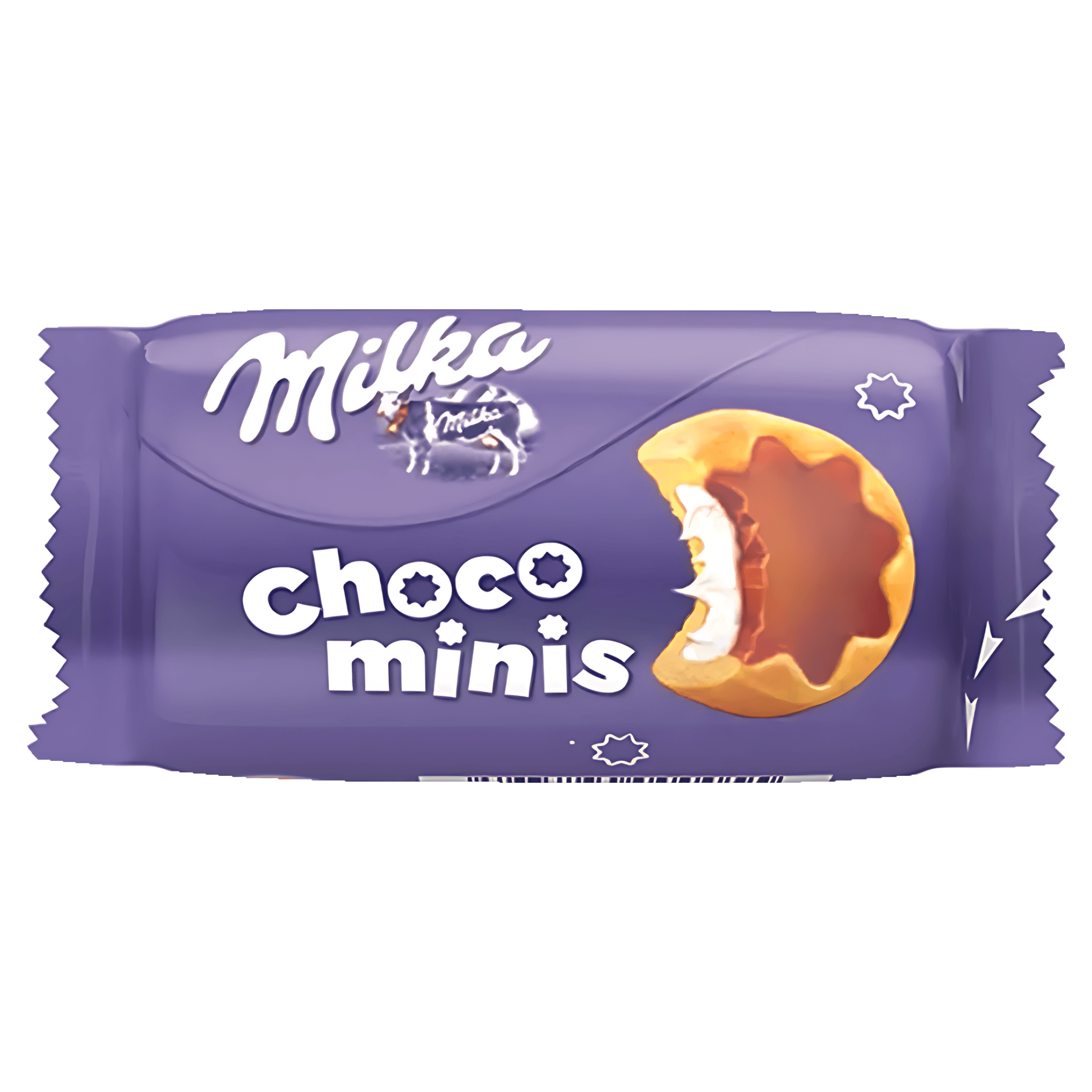 Biscuiti umpluti cu crema cu lapte si glazura cu ciocolata Milka Chocominis, 37.5 g