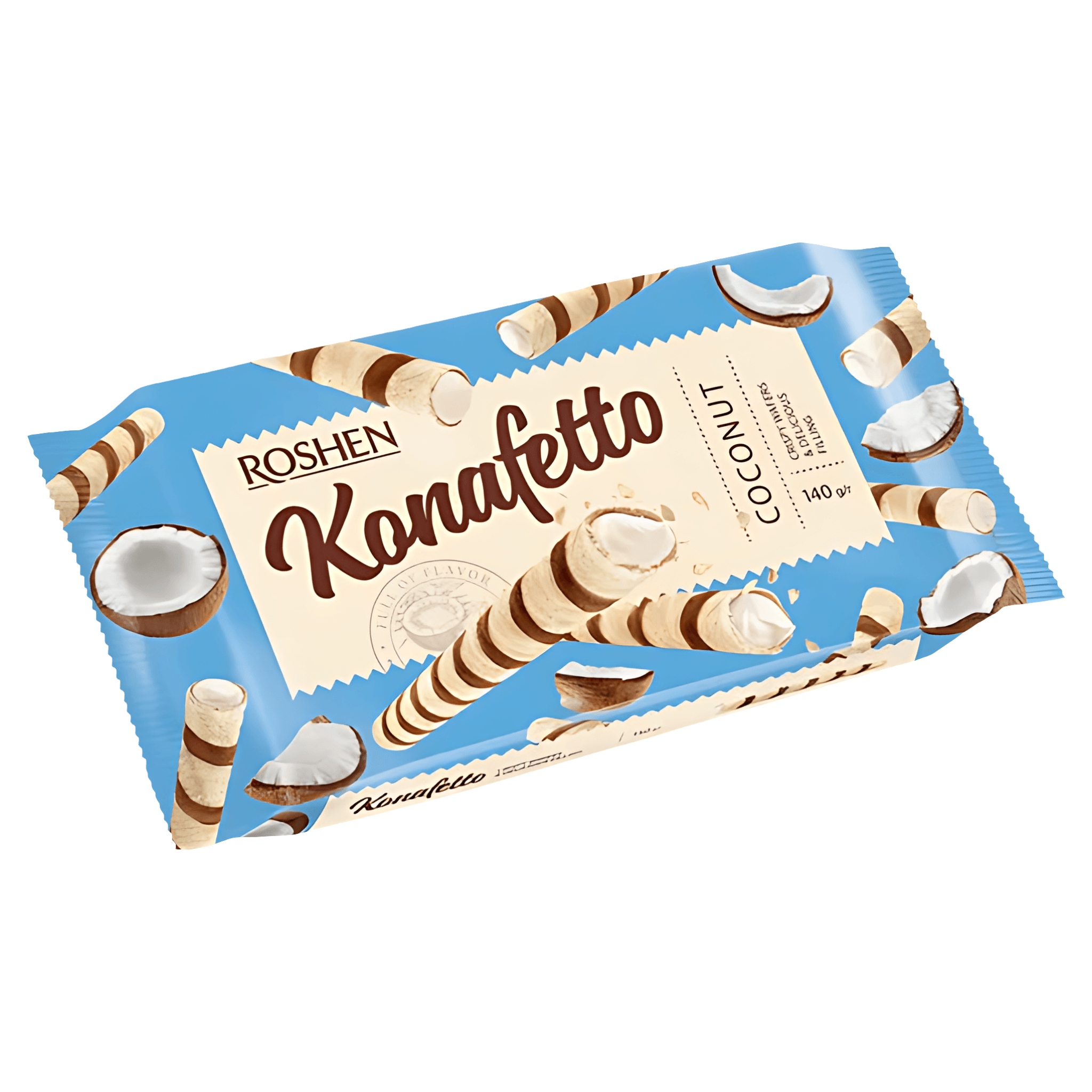 Rulouri din napolitana cu umplutura cu aroma de cocos Roshen Konafetto, 140 g