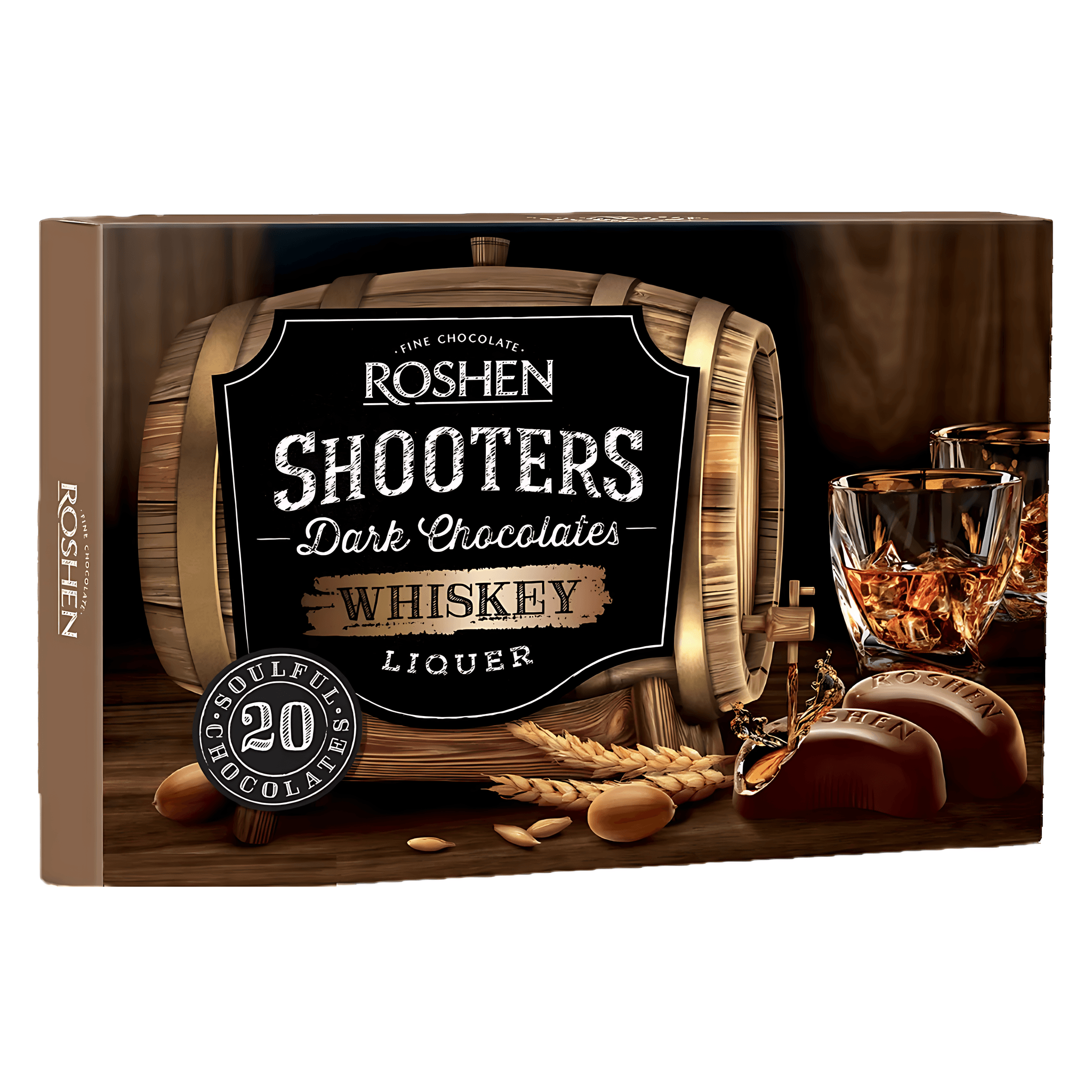 Praline de ciocolata neagra si umplutura cu whisky Roshen Shooters, 150 g