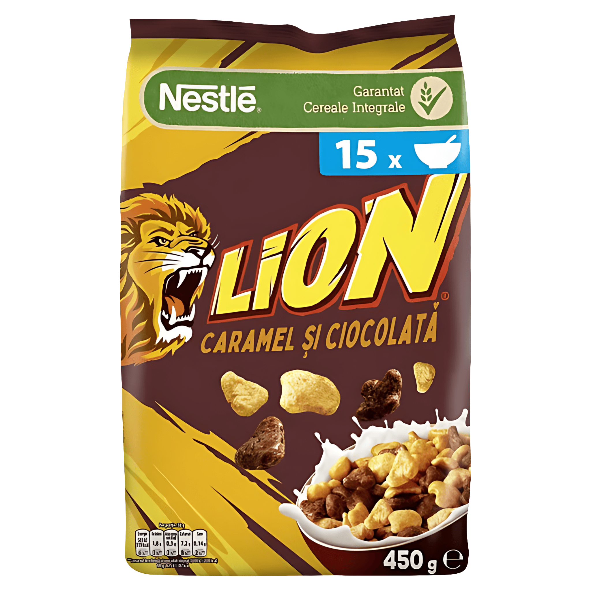 Cereale pentru mic dejun cu ciocolata si aroma caramel Nestle Lion, 450 g