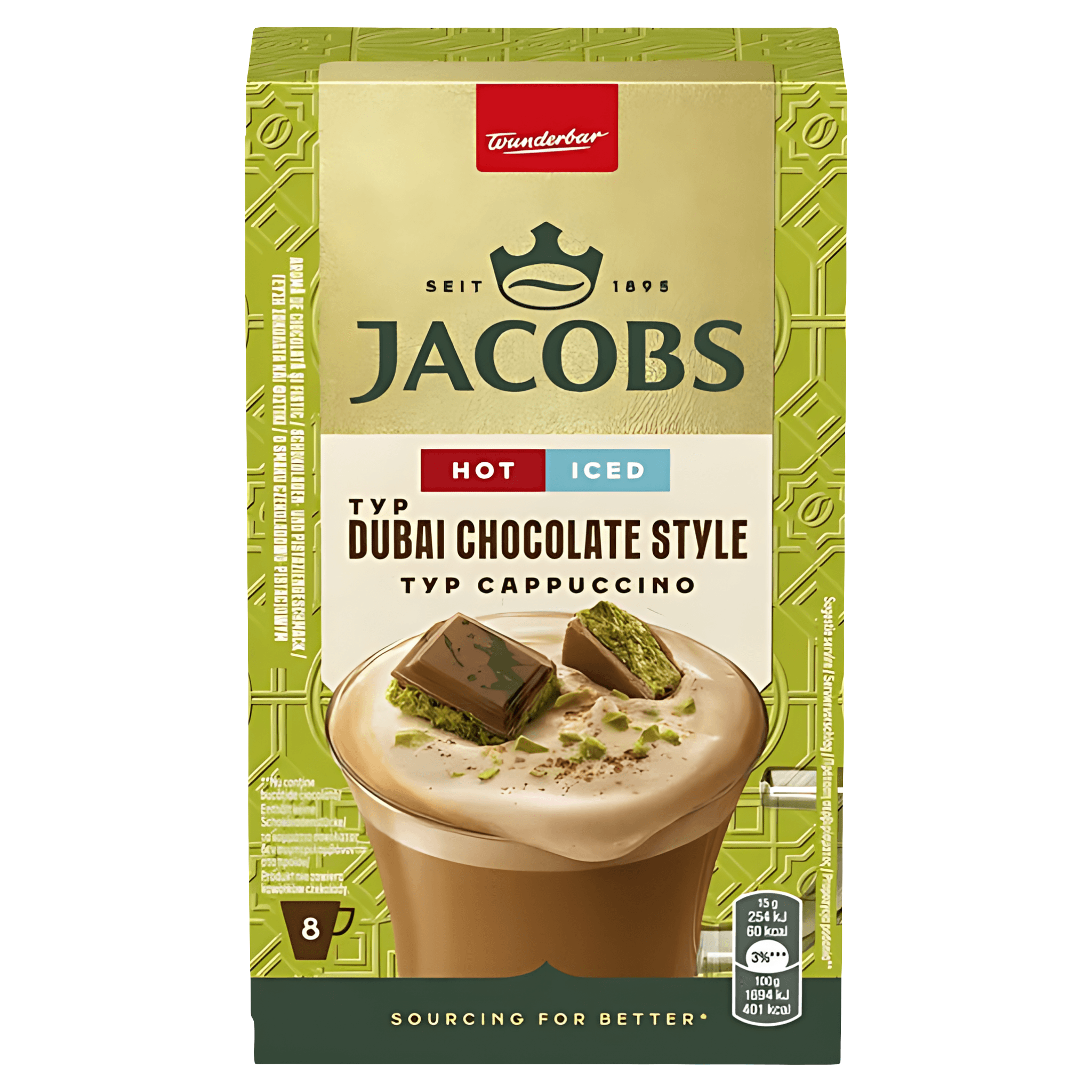 Cafea solubila cu aroma de ciocolata si fistic Jacobs Cappuccino Dubai Chocolate Style, 8 x 15 g