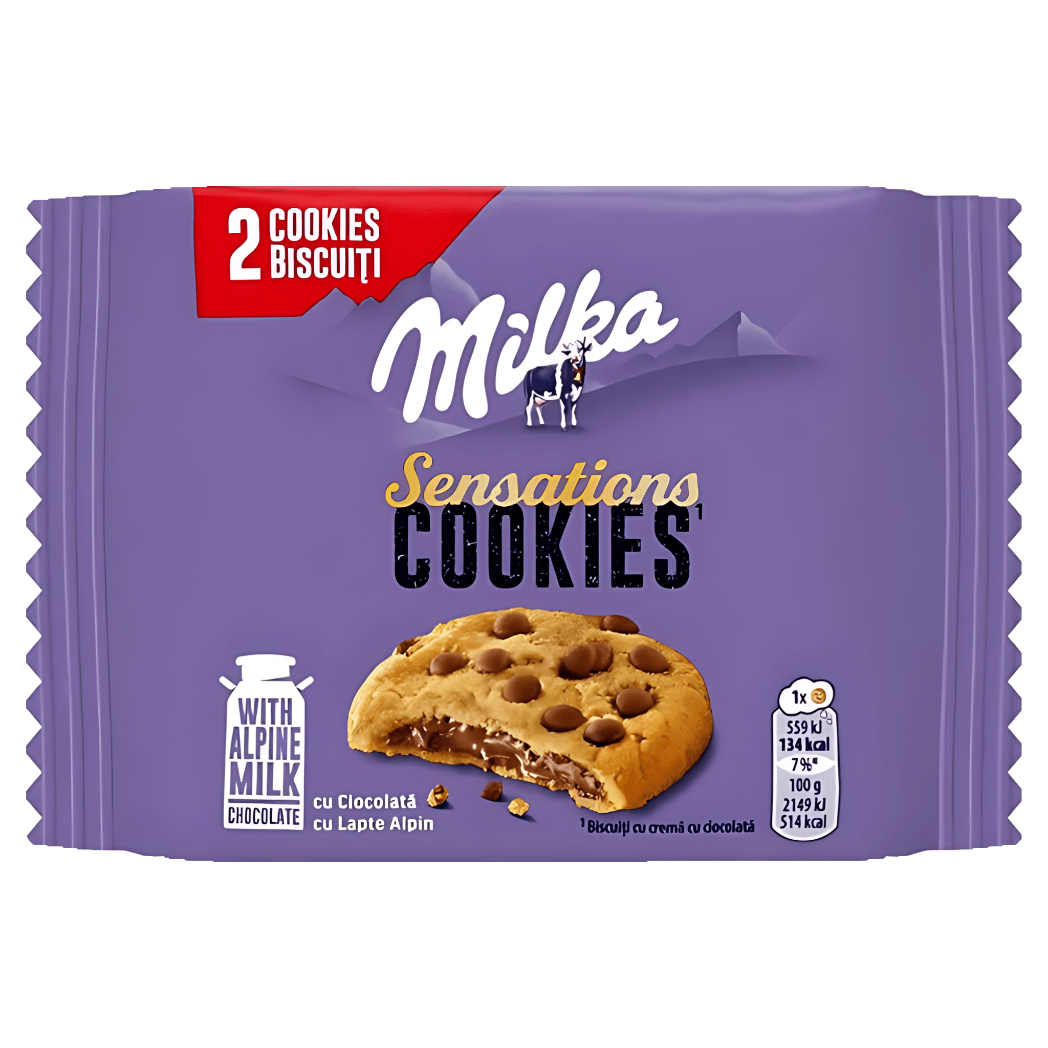 Biscuiti cu bucati de ciocolata si crema cu ciocolata cu lapte Milka Sensations, 52 g