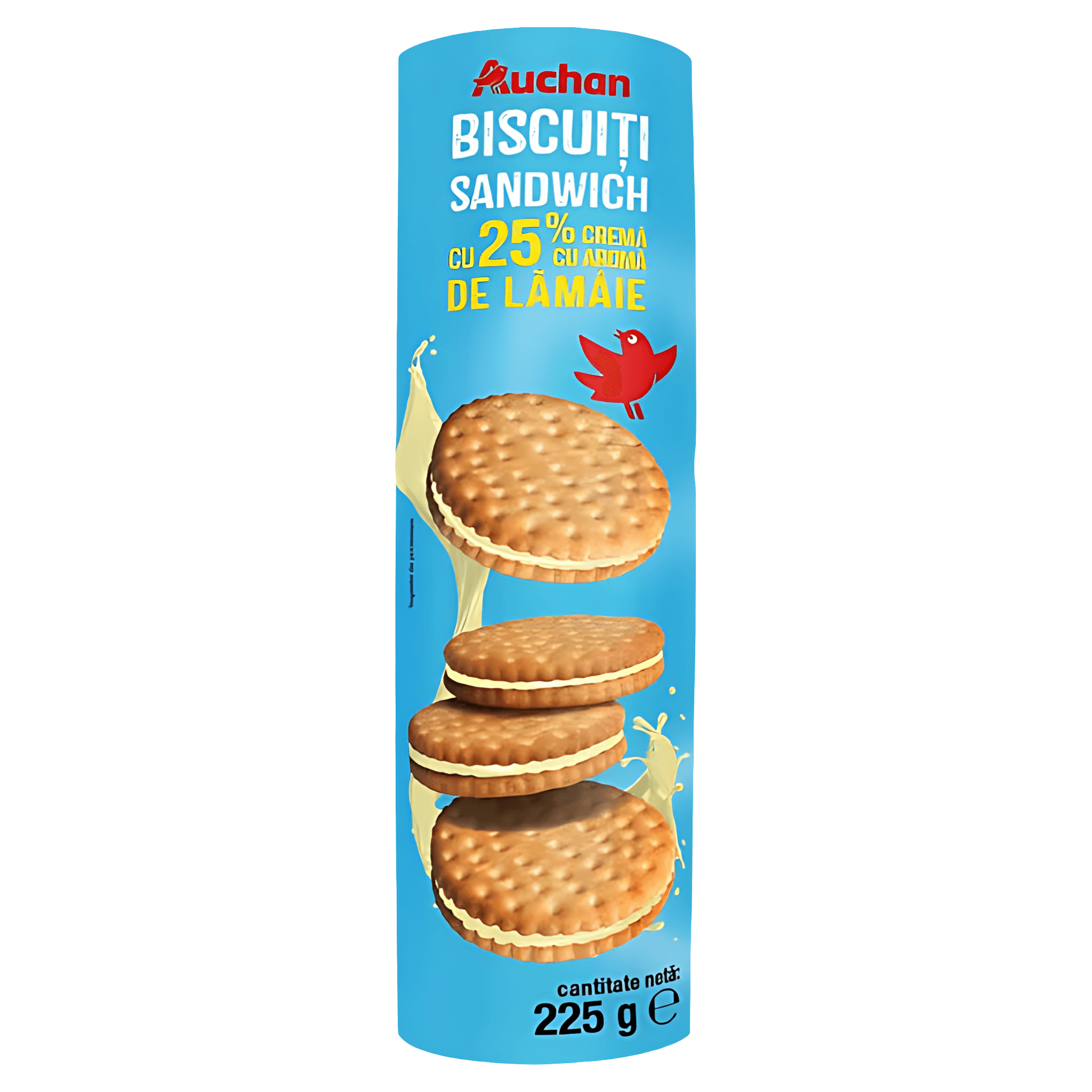 Biscuiti sandwich cu crema de lamaie Auchan, 225 g