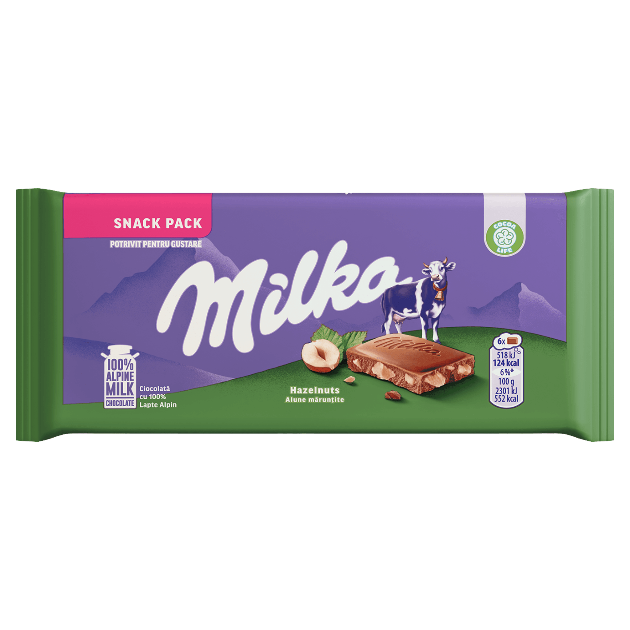 Ciocolata cu lapte alpin si alune maruntite Milka Snack Pack, 45 g