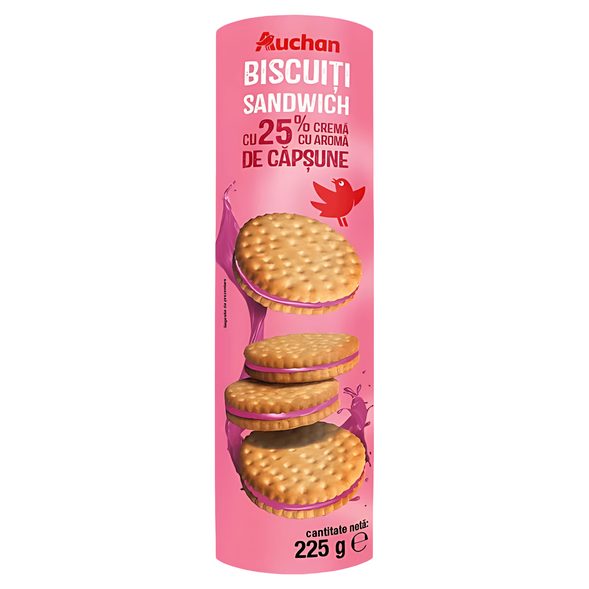Biscuiti sandwich cu crema de capsune Auchan, 225 g