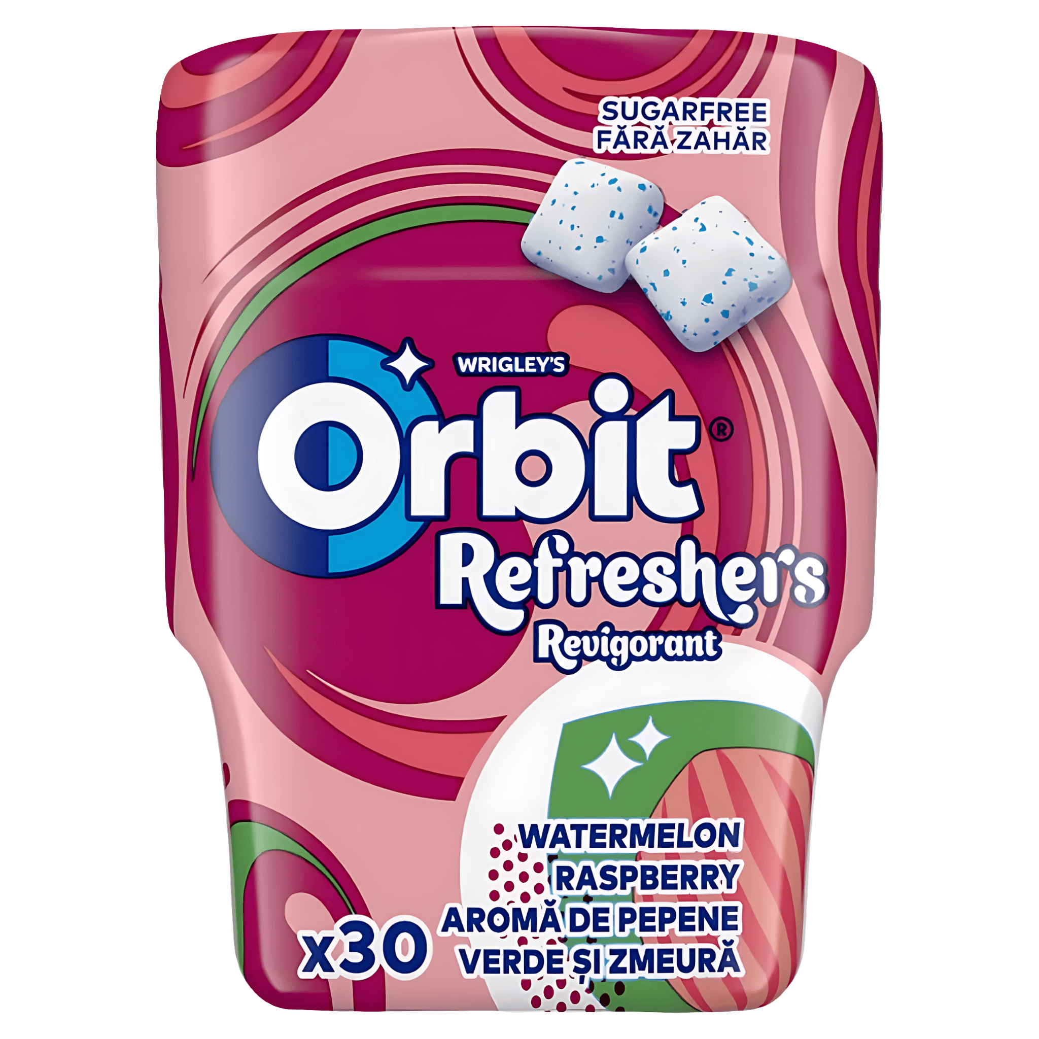 Guma de mestecat cu aroma de pepene verde si zmeura Orbit Refreshers Revigorant, fara zahar, 30 bucati
