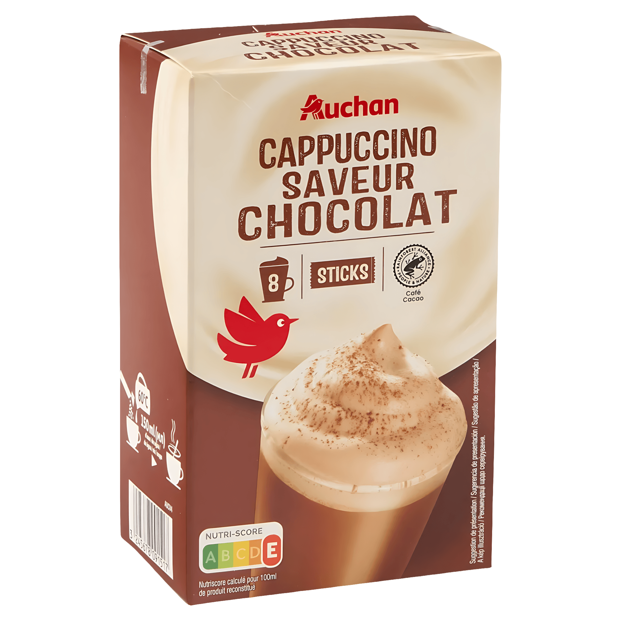 Cafea solubila cu aroma de cappuccino cu ciocolata Auchan, 8 x 18 g