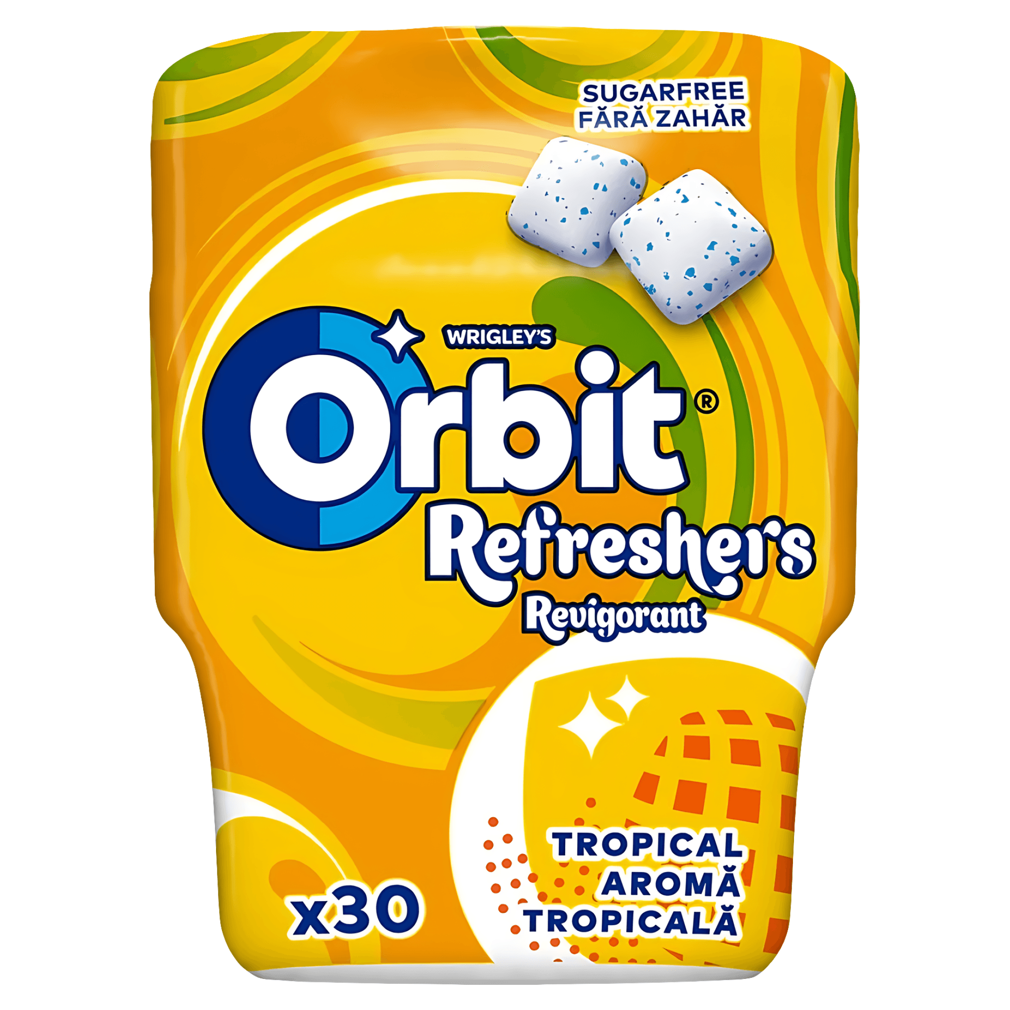 Guma de mestecat fara zahar cu indulcitori si arome de fructe Orbit Refreshers Tropical, 30 bucati, 67g