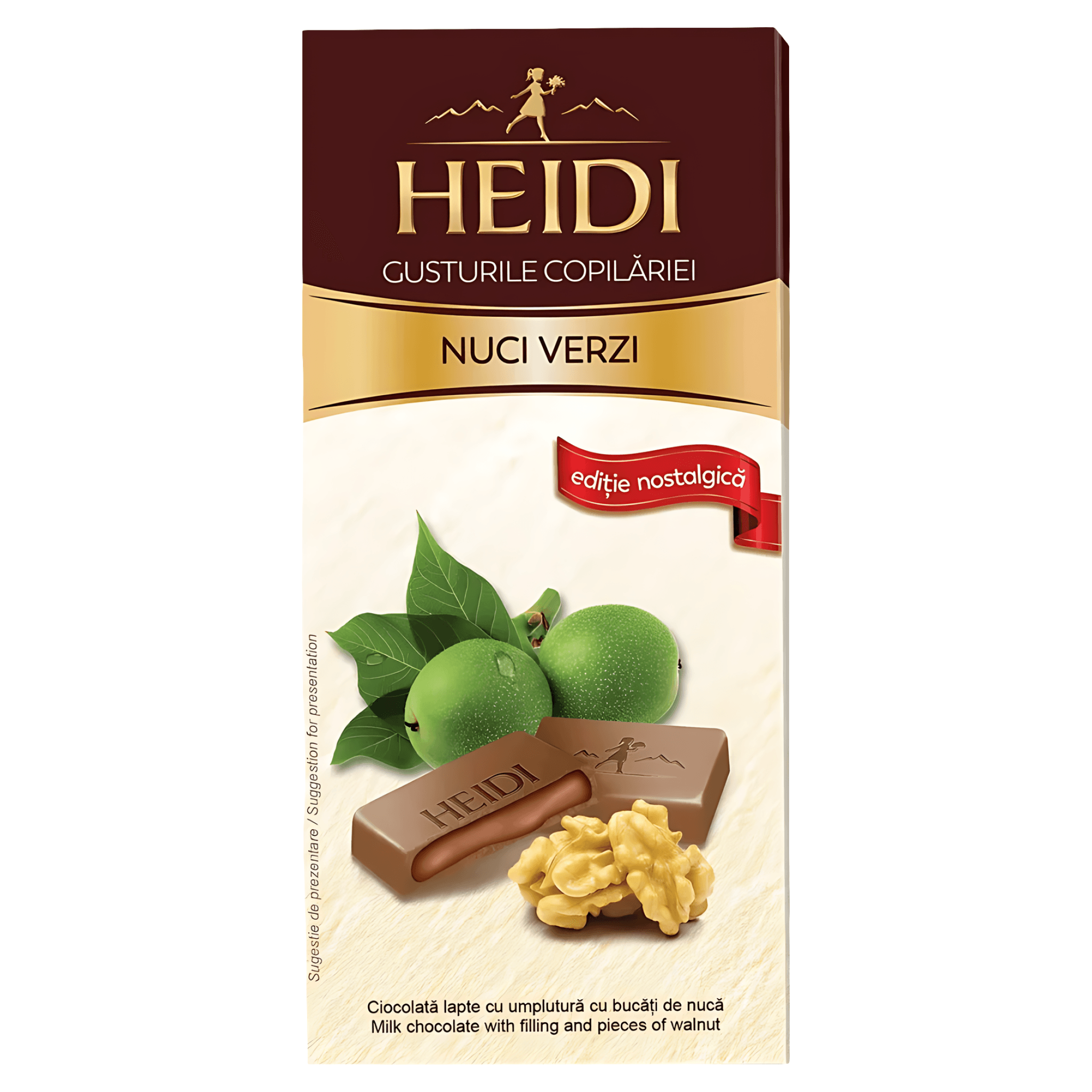 Ciocolata cu lapte, umplutura de praline cu biscuiti si nuci Heidi, 90 g