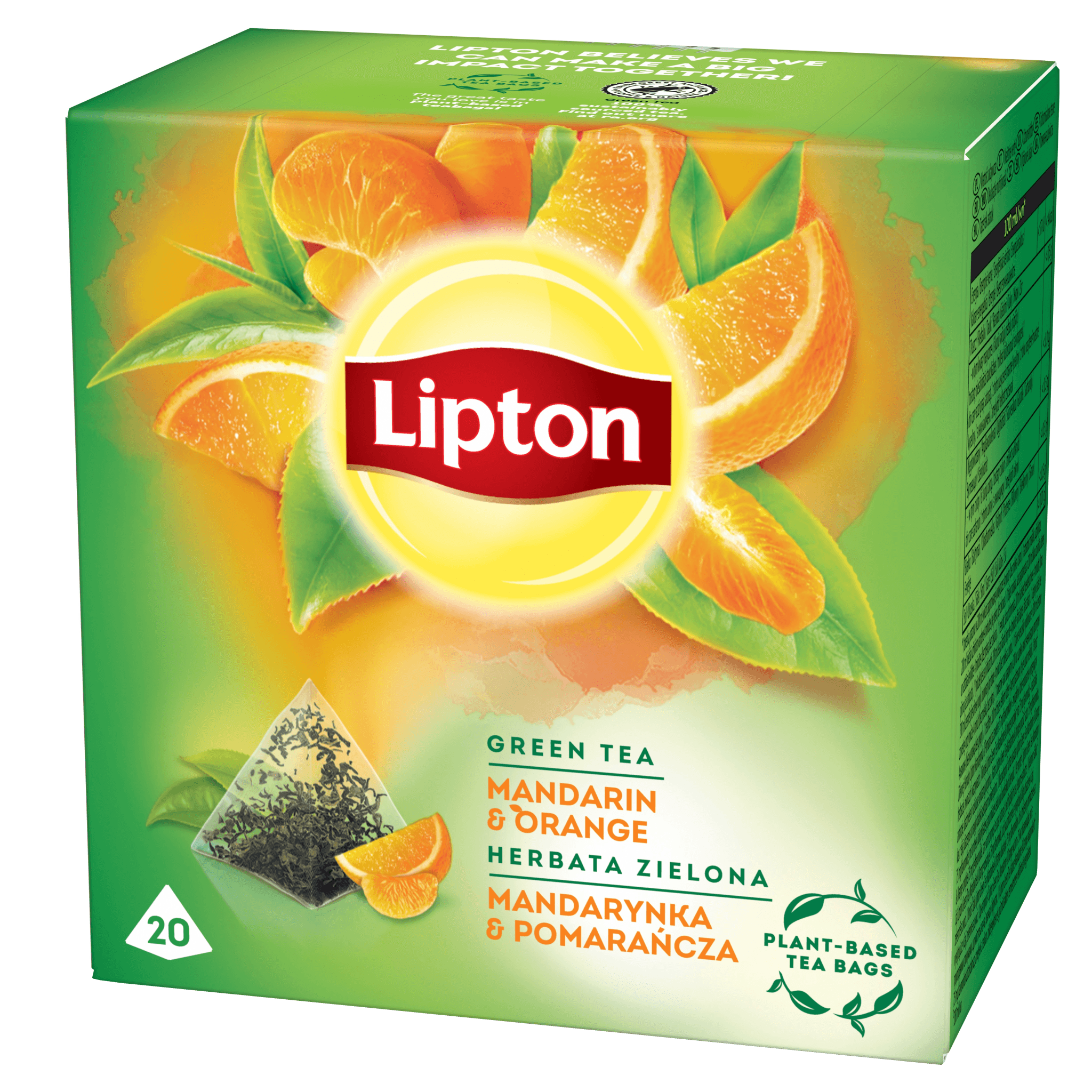 Ceai verde Lipton cu mandarina si portocale, 20 plicuri