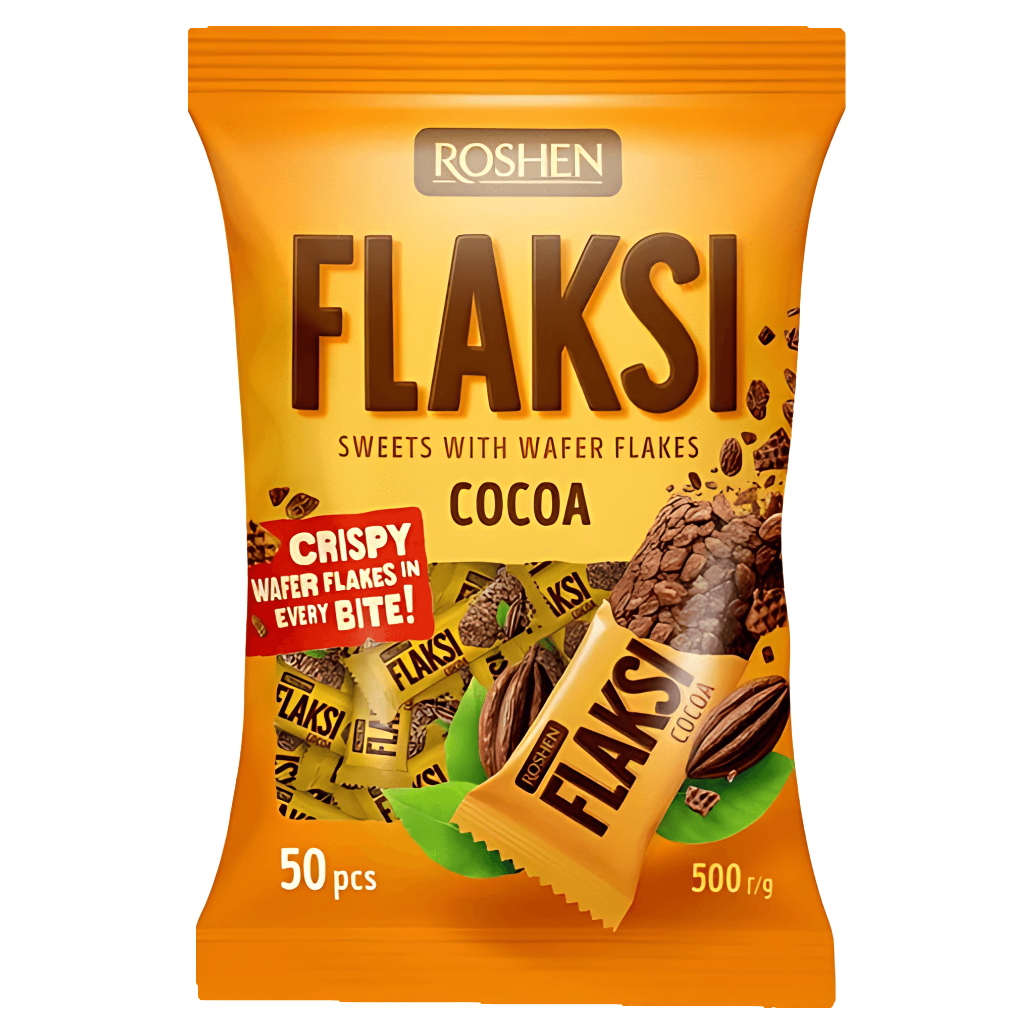Bomboane de ciocolata cu bucati de napolitana si cacao Roshen Flaksi, 500 g