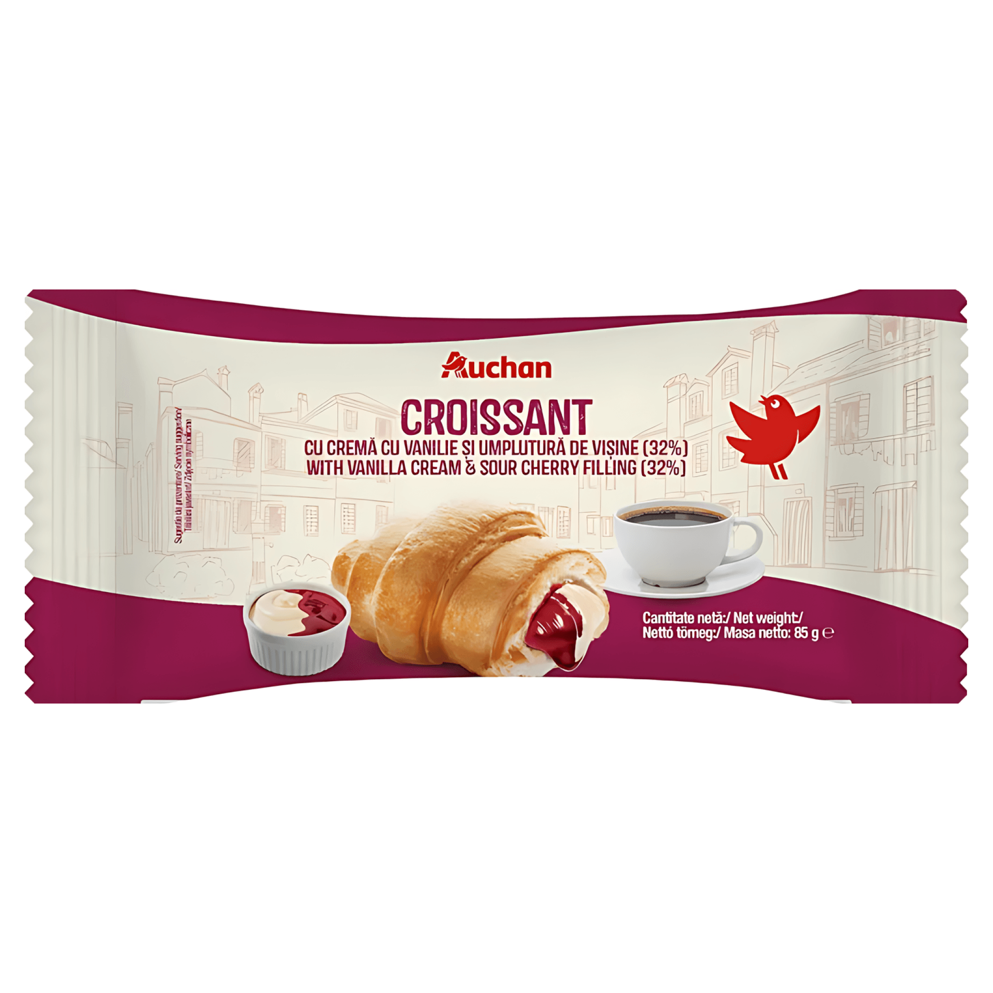 Croissant cu crema cu vanilie si umplutura cu visine Auchan, 85 g