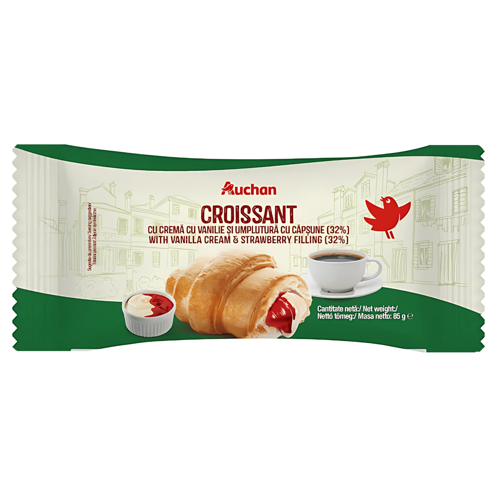 Croissant cu crema cu vanilie si umplutura cu capsune Auchan, 85 g