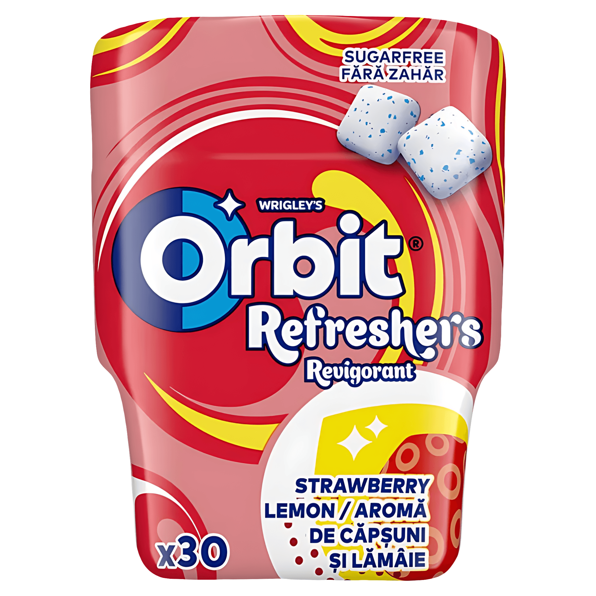 Guma de mestecat fara zahar cu aroma de capsuni si lamaie Orbit, 30 bucati, 67 g