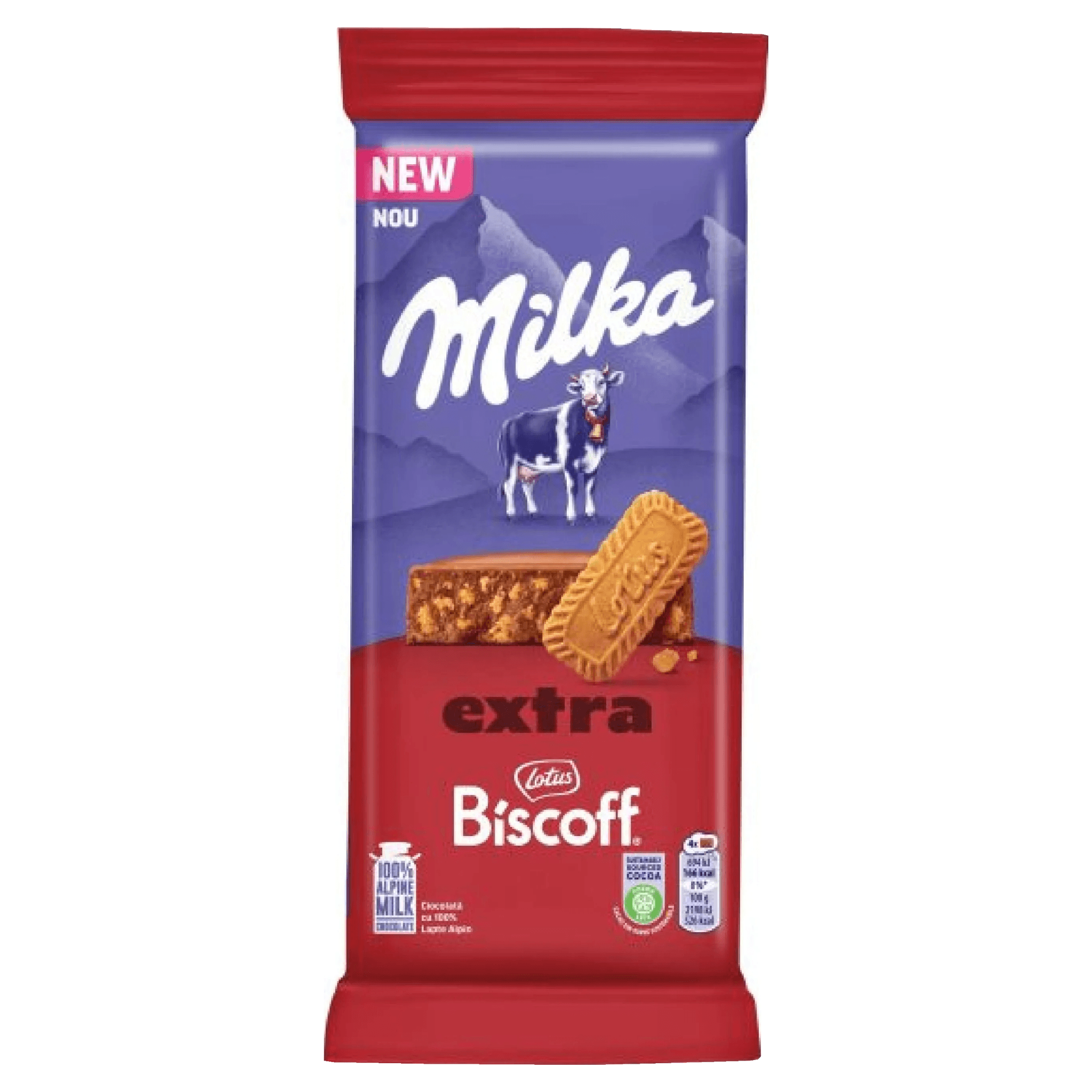Ciocolata cu bucatele de biscuiti caramelizati si lapte alpin Milka, 190 g