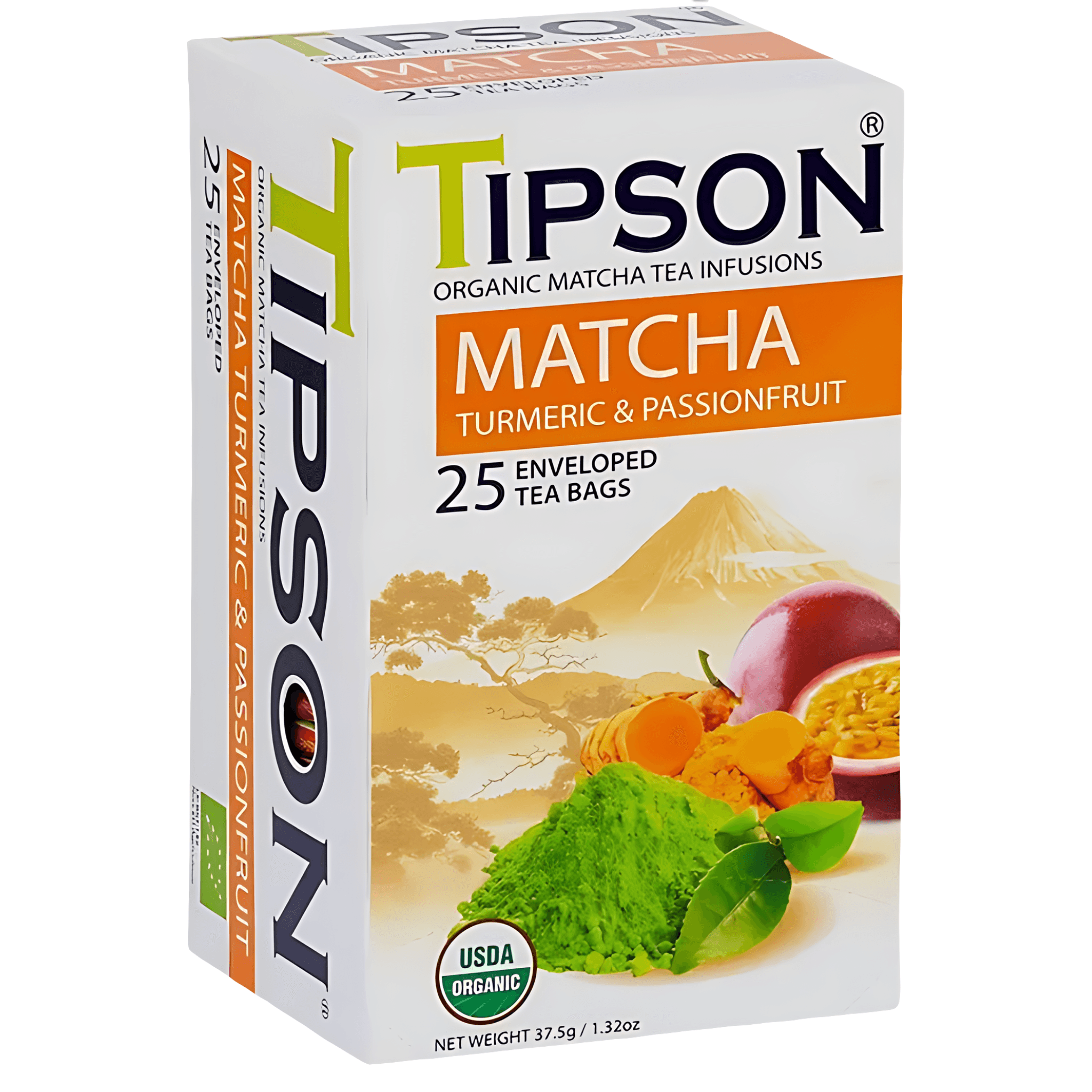 Ceai organic Matcha Tipson cu turmeric si aroma de fructul pasiunii, 25 pliculete