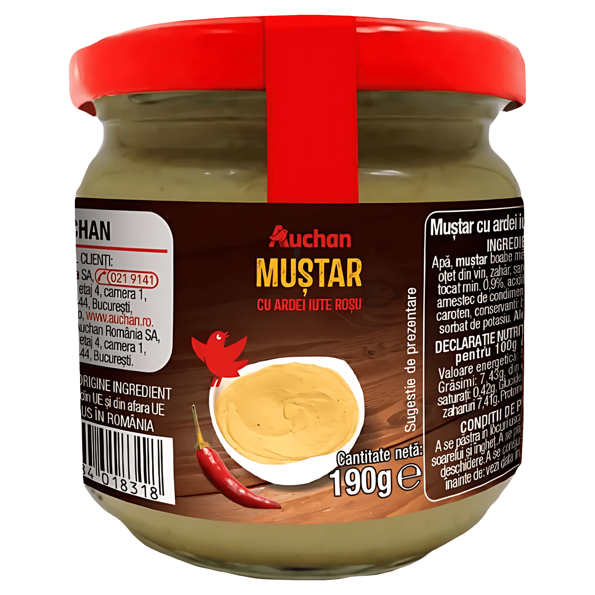 Mustar Auchan cu ardei iute rosu, 190 g