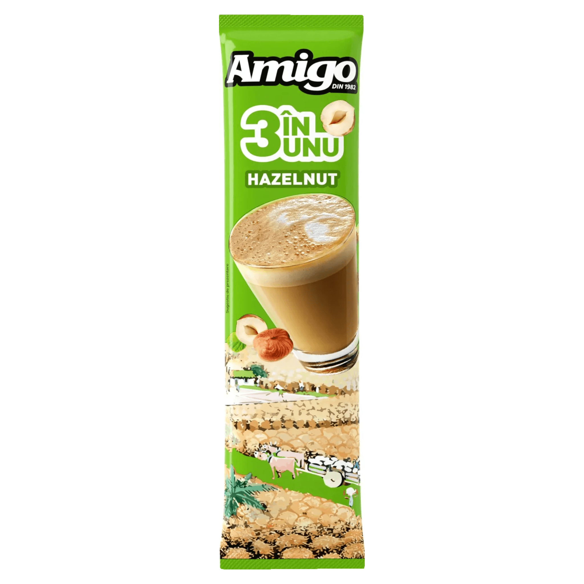 Cafea solubila 3 in 1 cu aroma de alune de padure Amigo, 13 g