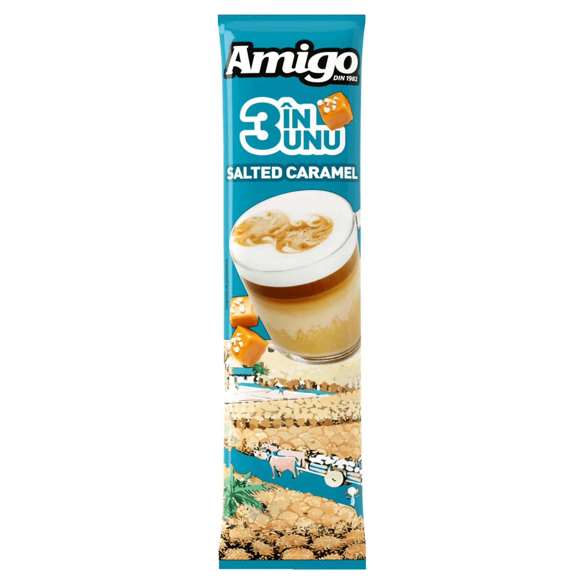 Cafea solubila 3 in 1 cu aroma de caramel sarat Amigo, 13 g