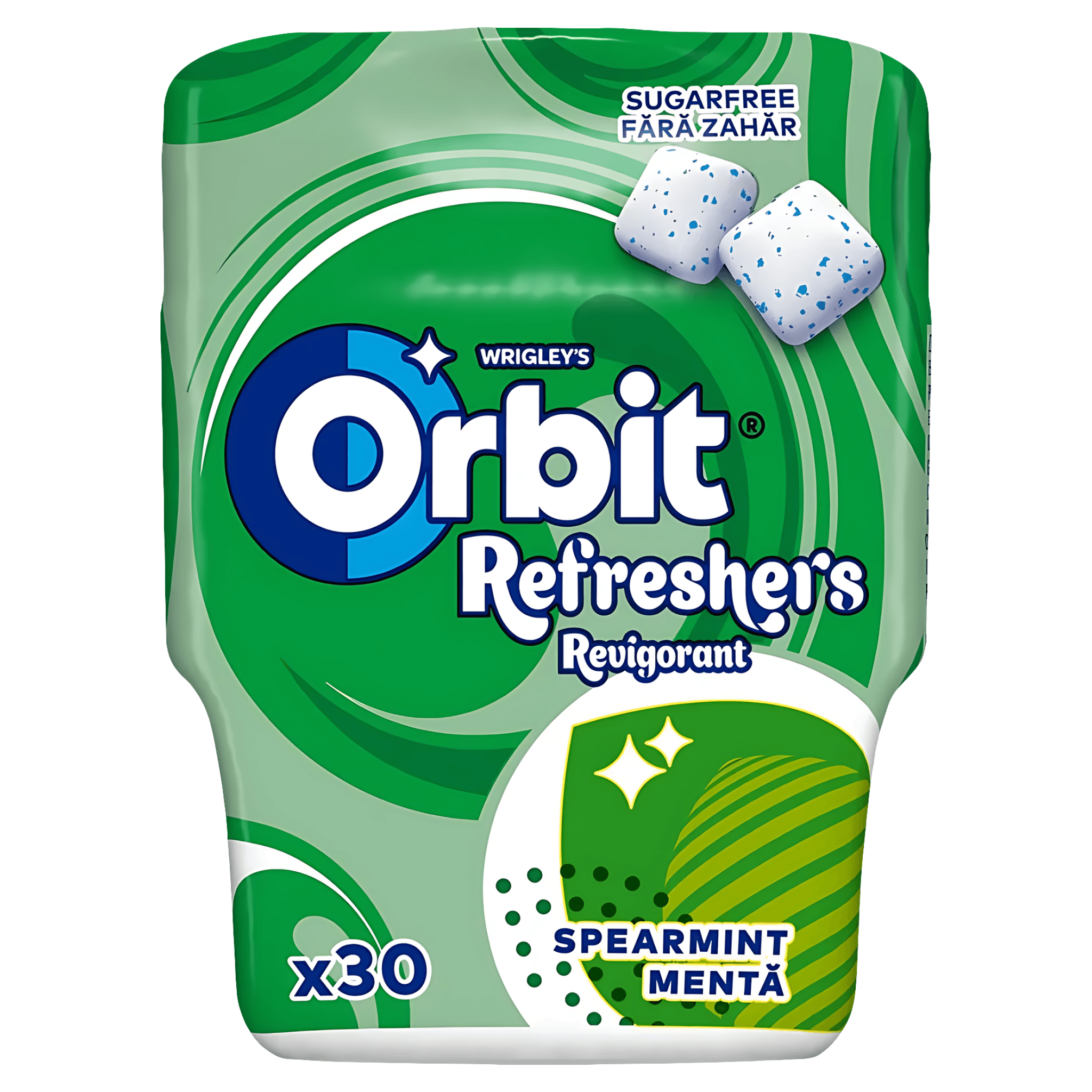 Guma de mestecat fara zahar cu arome de menta si mentol Orbit Refreshers Spearmint, 30 bucati, 67 g