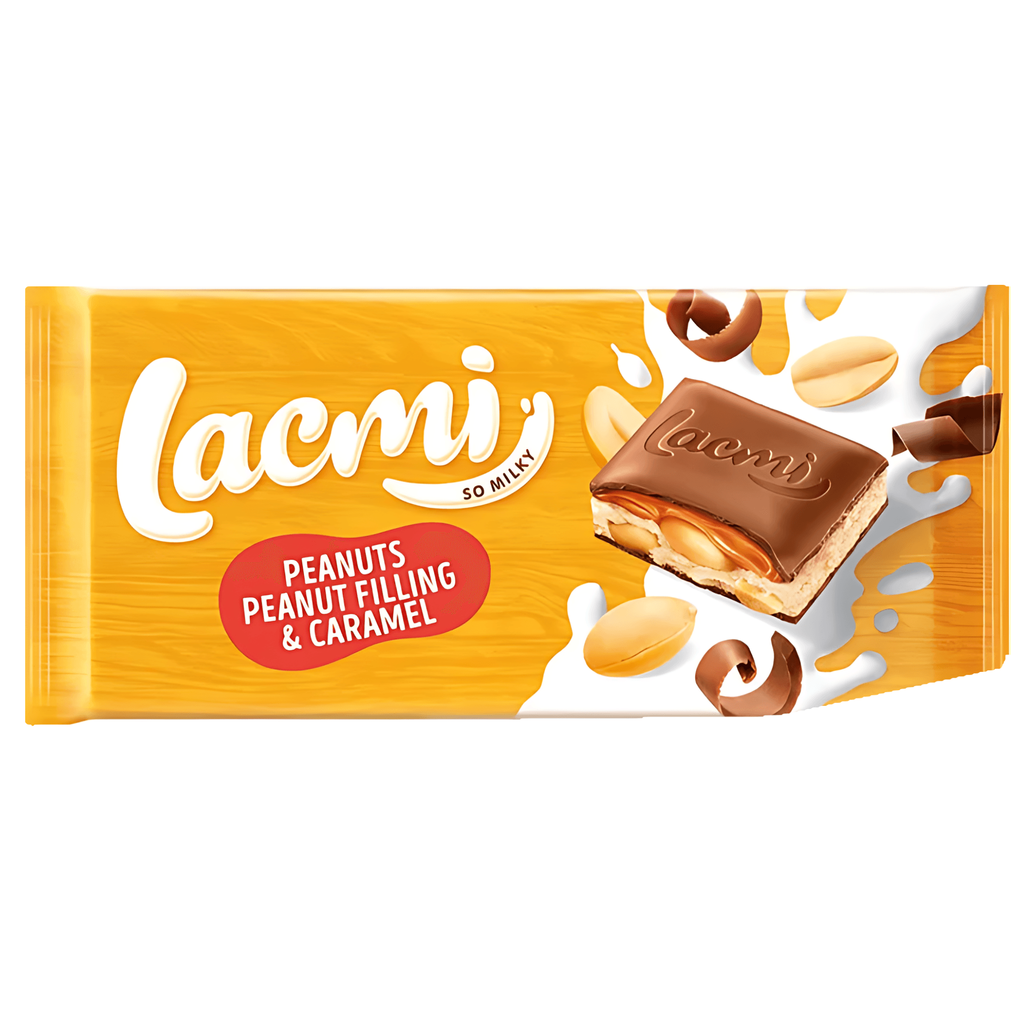 Ciocolata cu lapte, arahide, umplutura de arahide si caramel Roshen Lacmi, 87 g