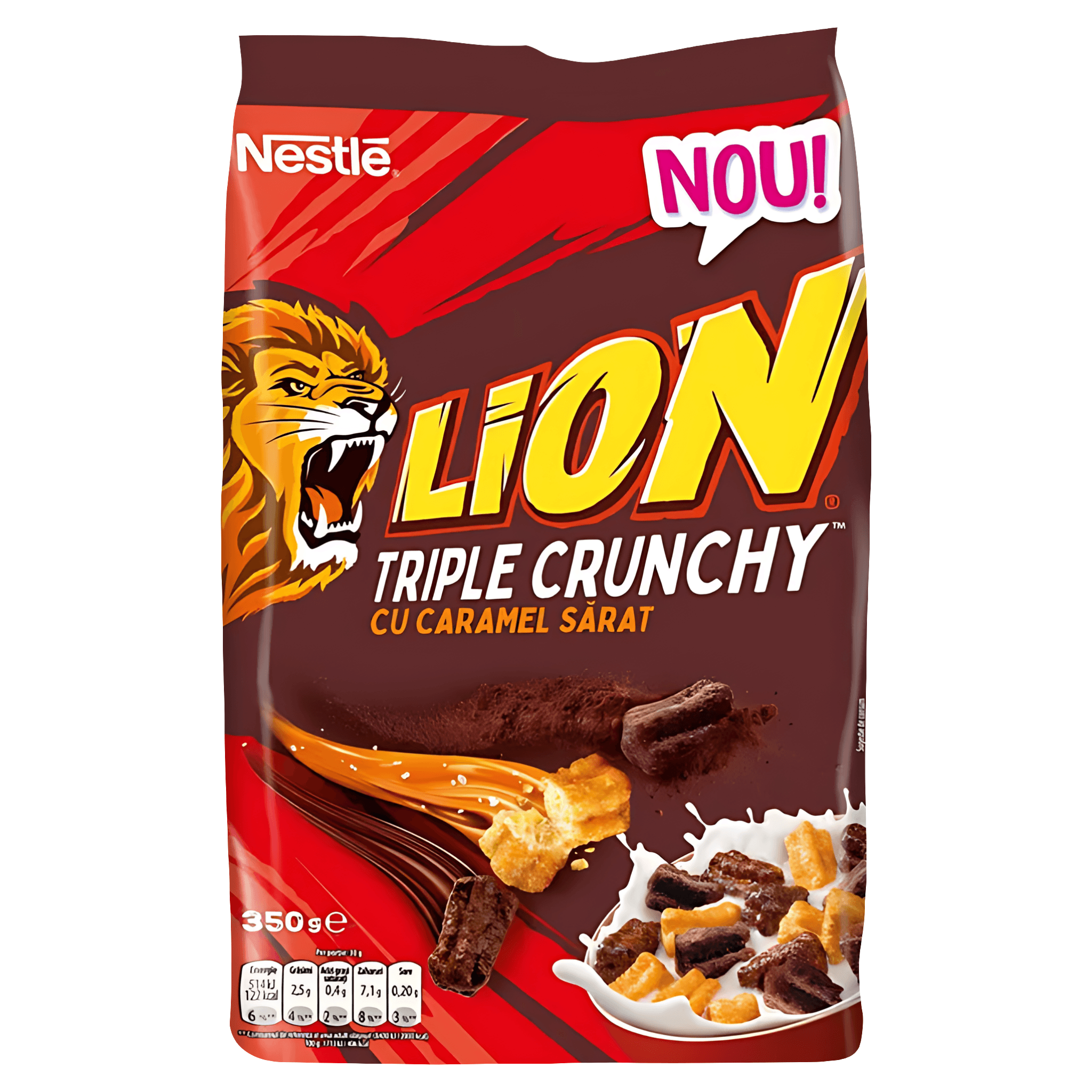 Cereale pentru mic dejun cu invelis de ciocolata si caramel sarat Lion Triple Crunchy, 350 g