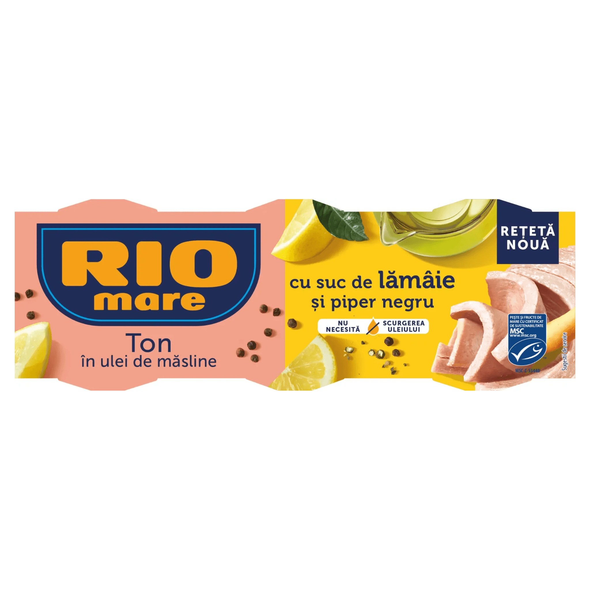 Ton in ulei de masline cu suc de lamaie si piper negru Rio Mare, 3 x 65 g