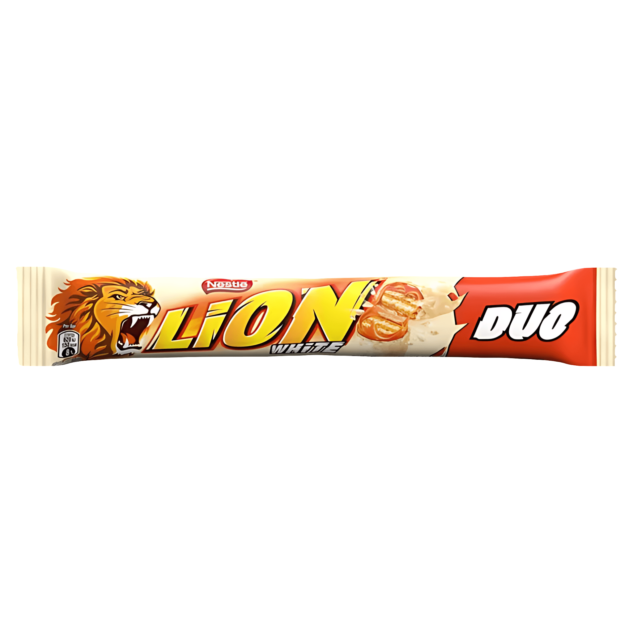 Baton de ciocolata alba cu crema cu caramel si napolitana Lion Duo, 60 g