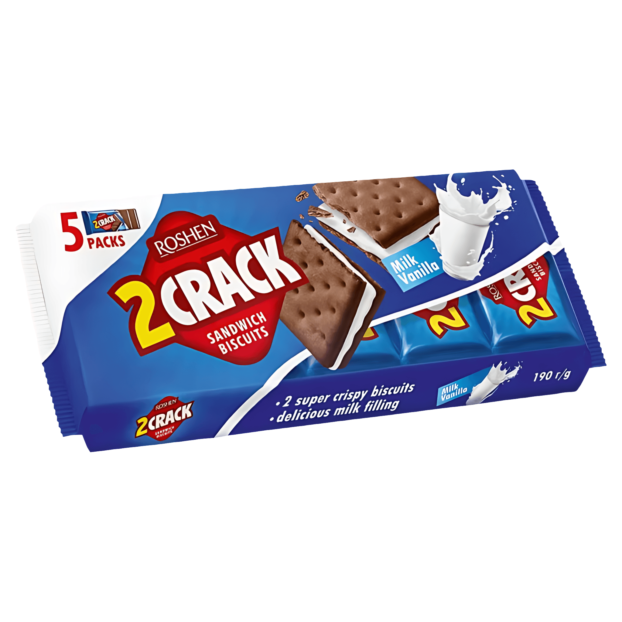 Biscuiti sandwich cu crema de lapte si aroma de vanilie Roshen 2 Crack, 190 g
