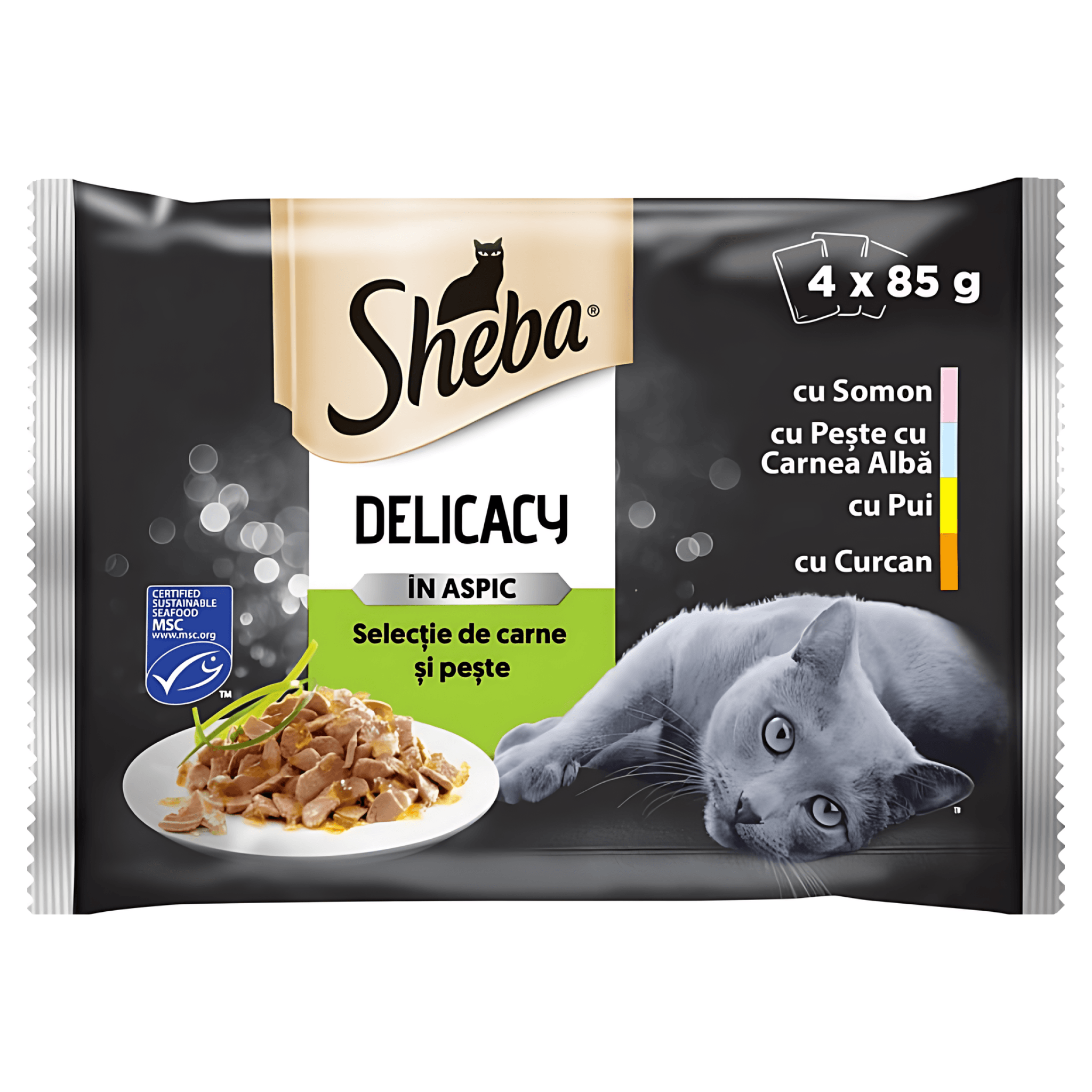Hrana umeda pentru pisici adulte Sheba Delikatesse, selectie de carne si peste in aspic, 4 x 85 g